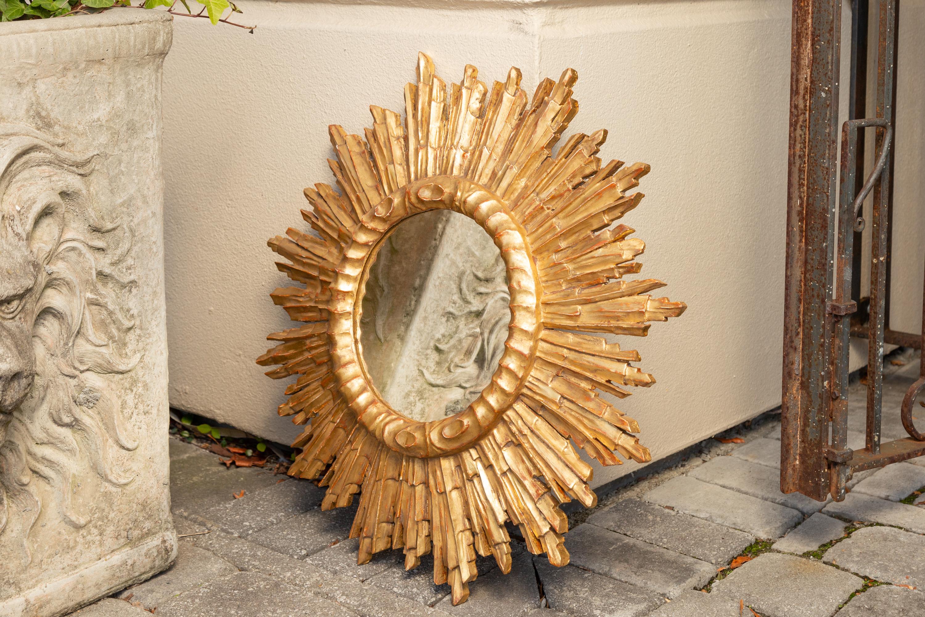 Vintage French Giltwood Sunburst Mirror with Cloudy Frame, circa 1950 4