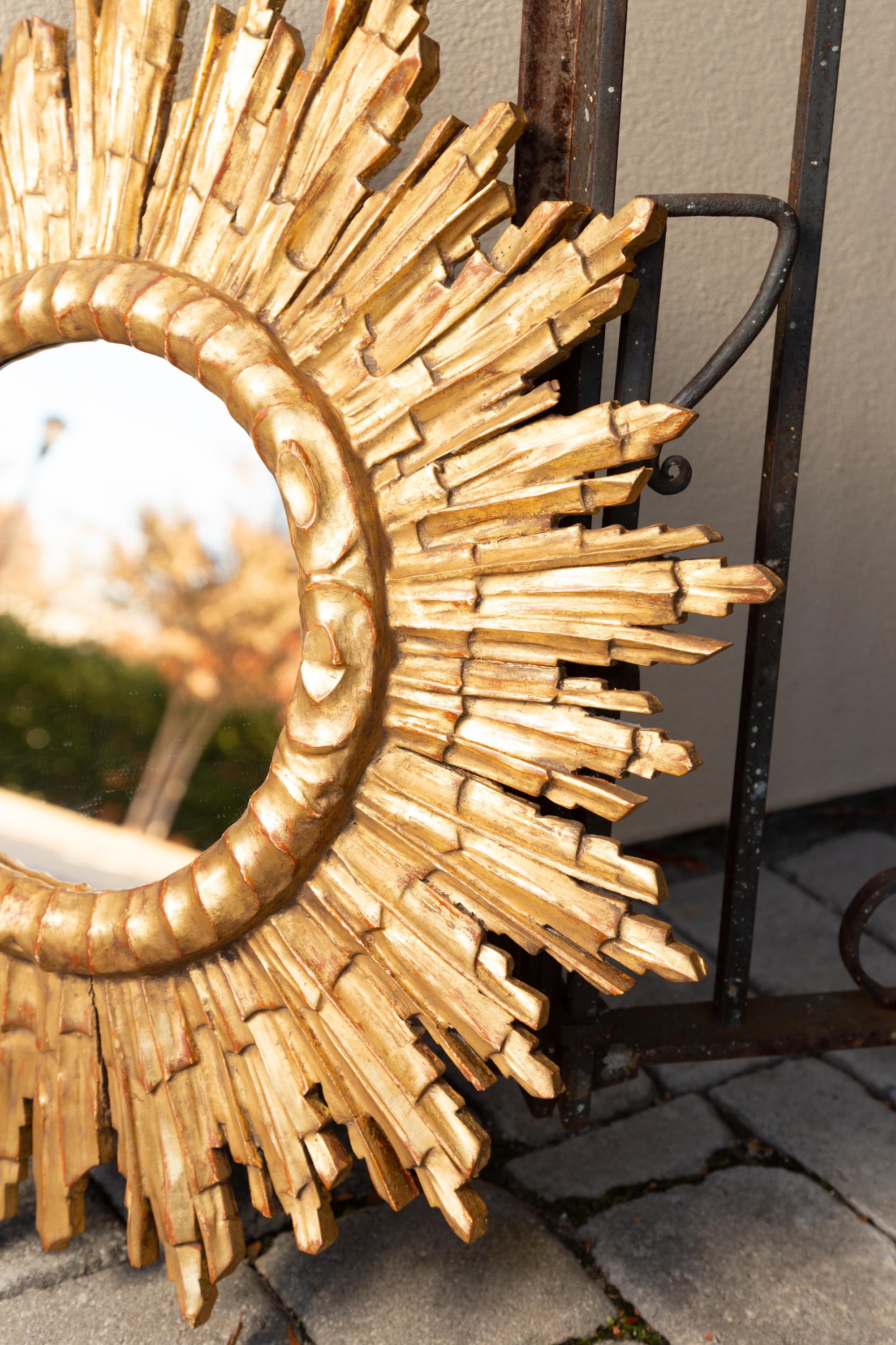 Vintage French Giltwood Sunburst Mirror with Cloudy Frame, circa 1950 7