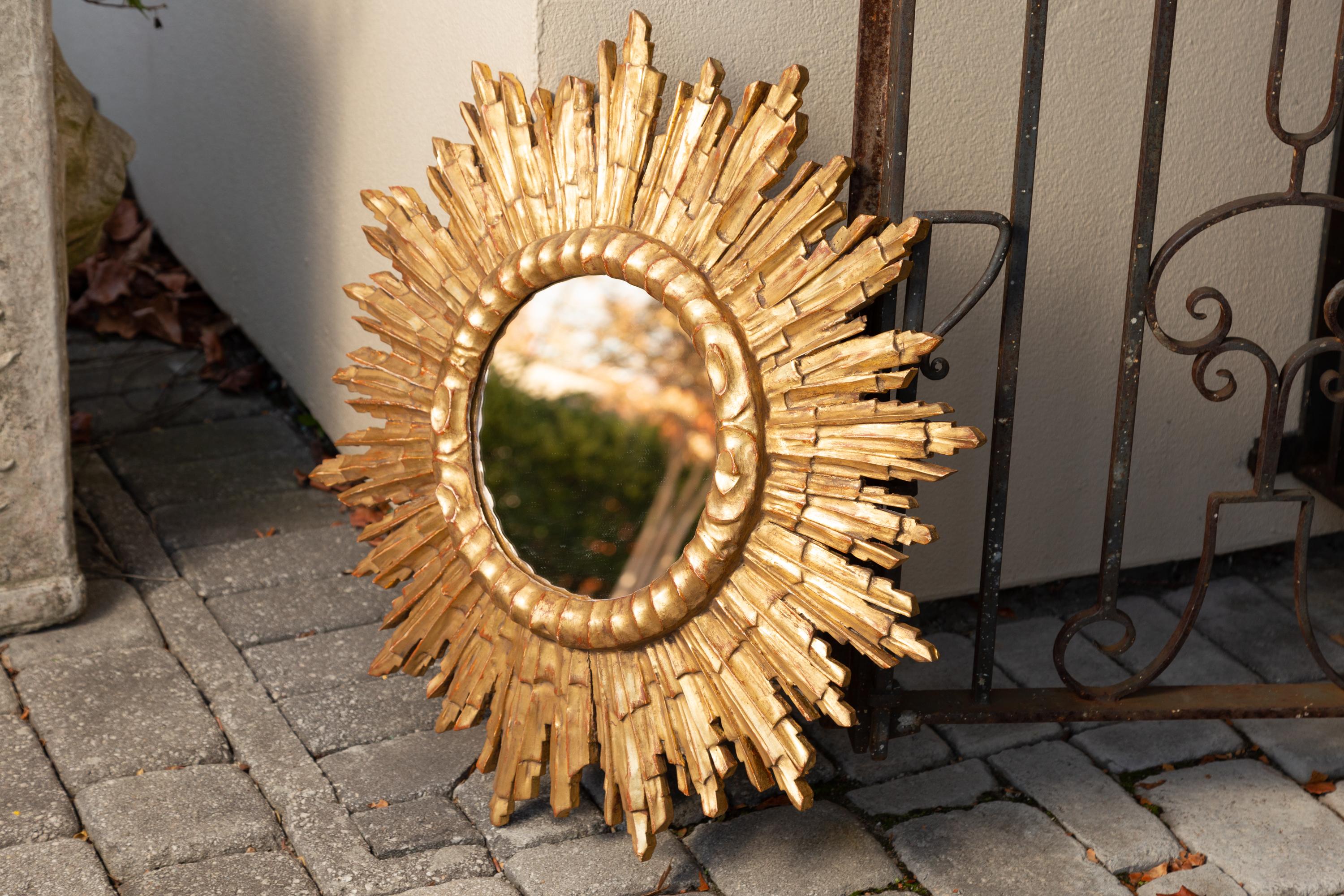 Vintage French Giltwood Sunburst Mirror with Cloudy Frame, circa 1950 9