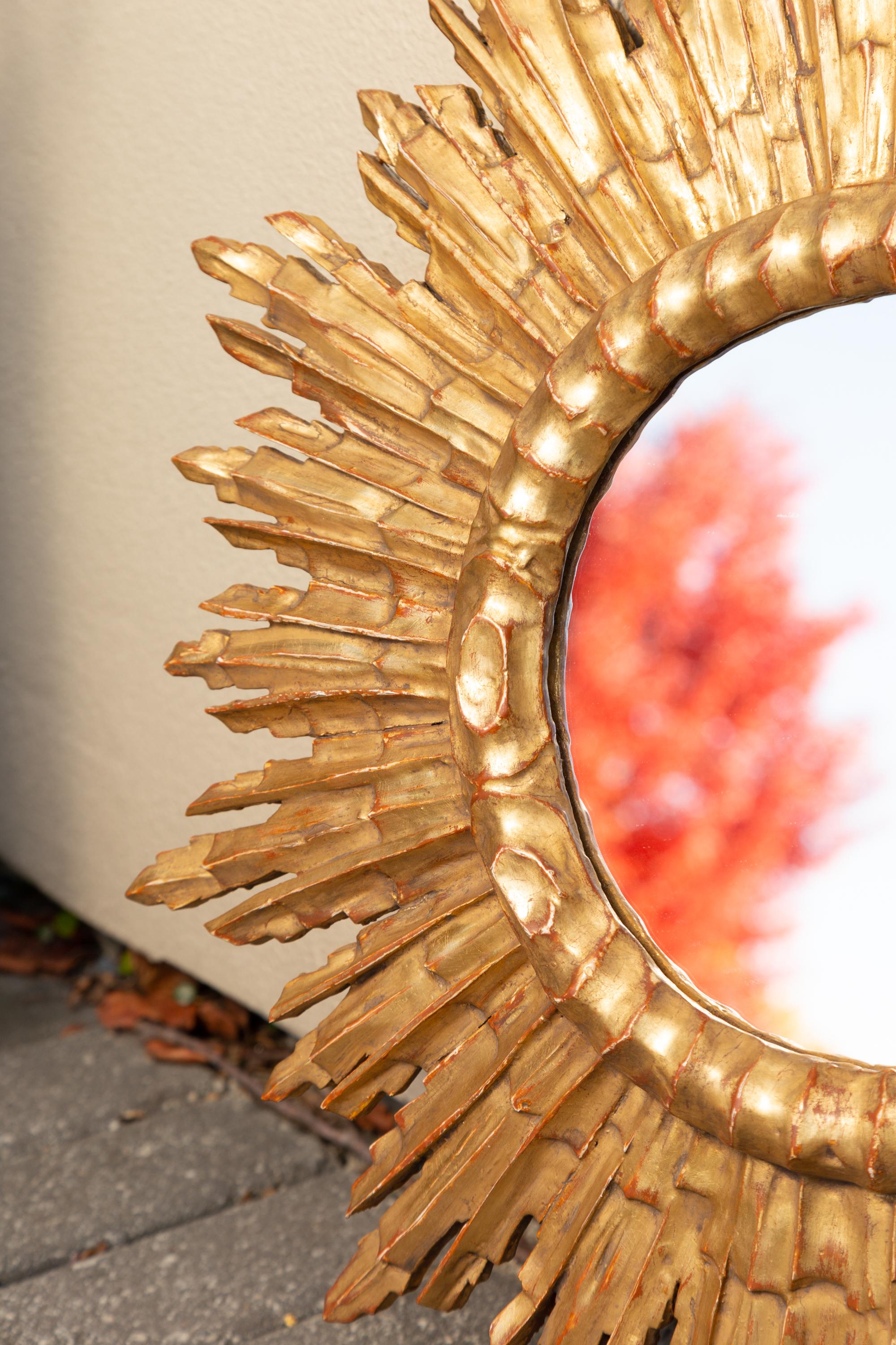 Vintage French Giltwood Sunburst Mirror with Cloudy Frame, circa 1950 In Good Condition In Atlanta, GA
