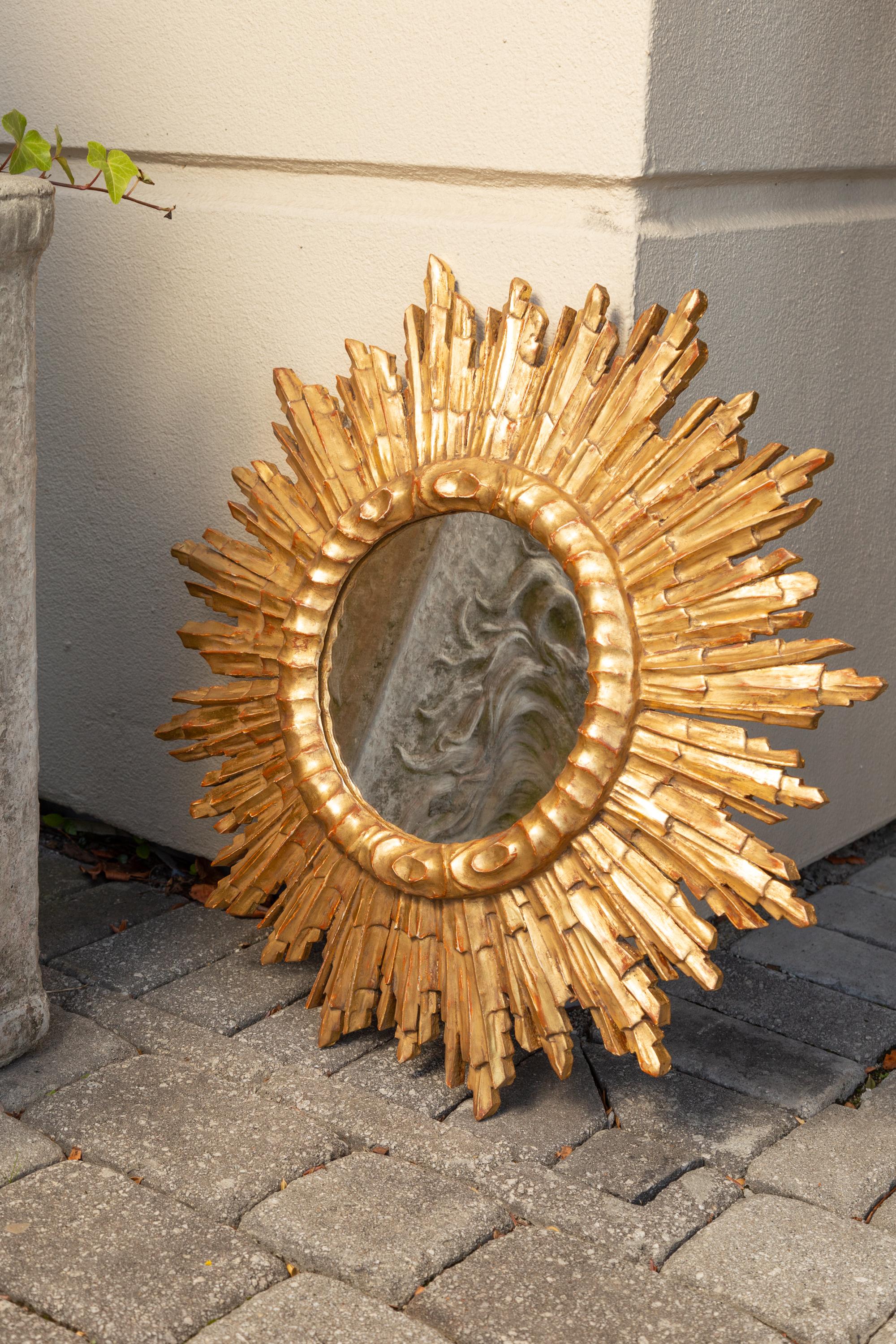 Vintage French Giltwood Sunburst Mirror with Cloudy Frame, circa 1950 1