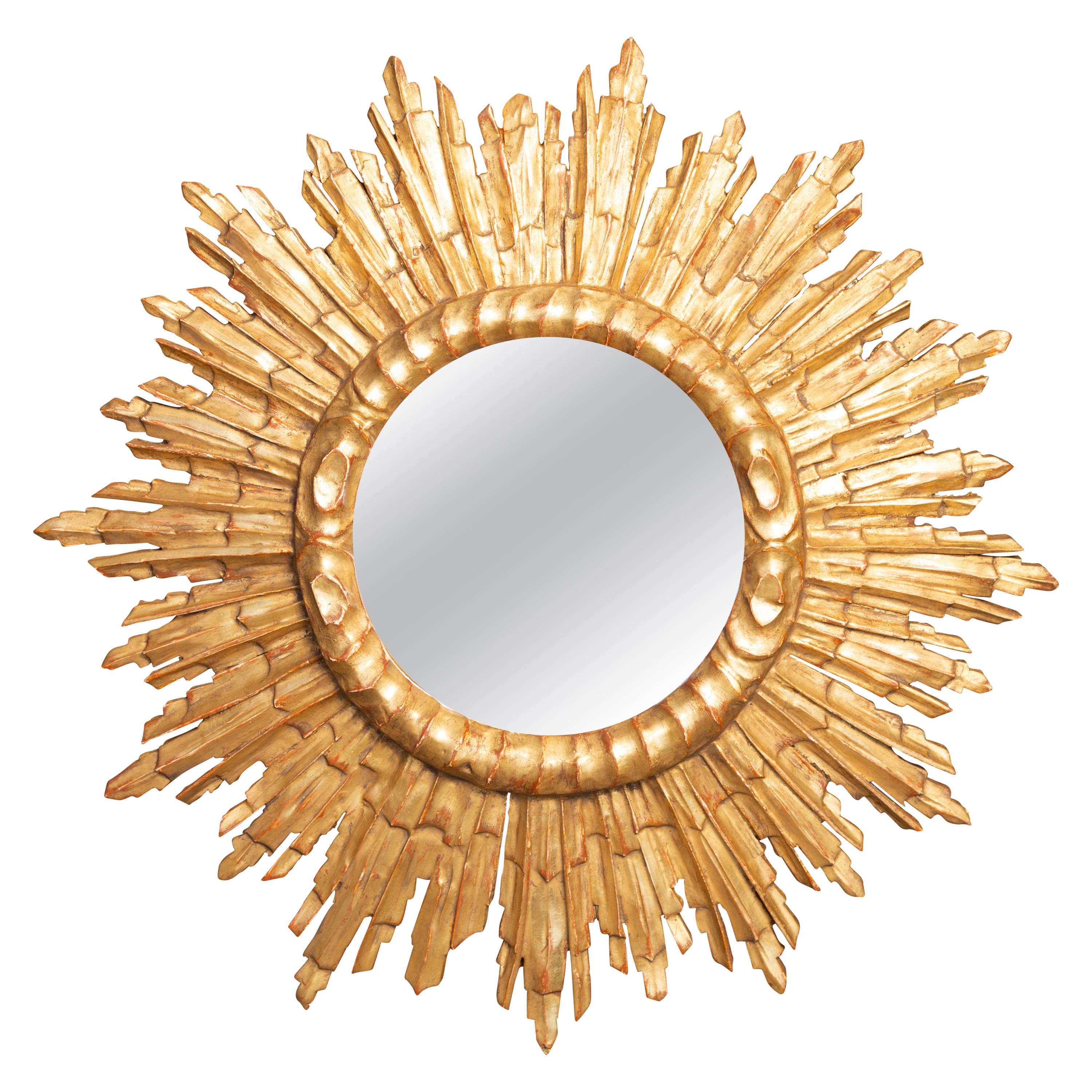 Vintage French Giltwood Sunburst Mirror with Cloudy Frame, circa 1950