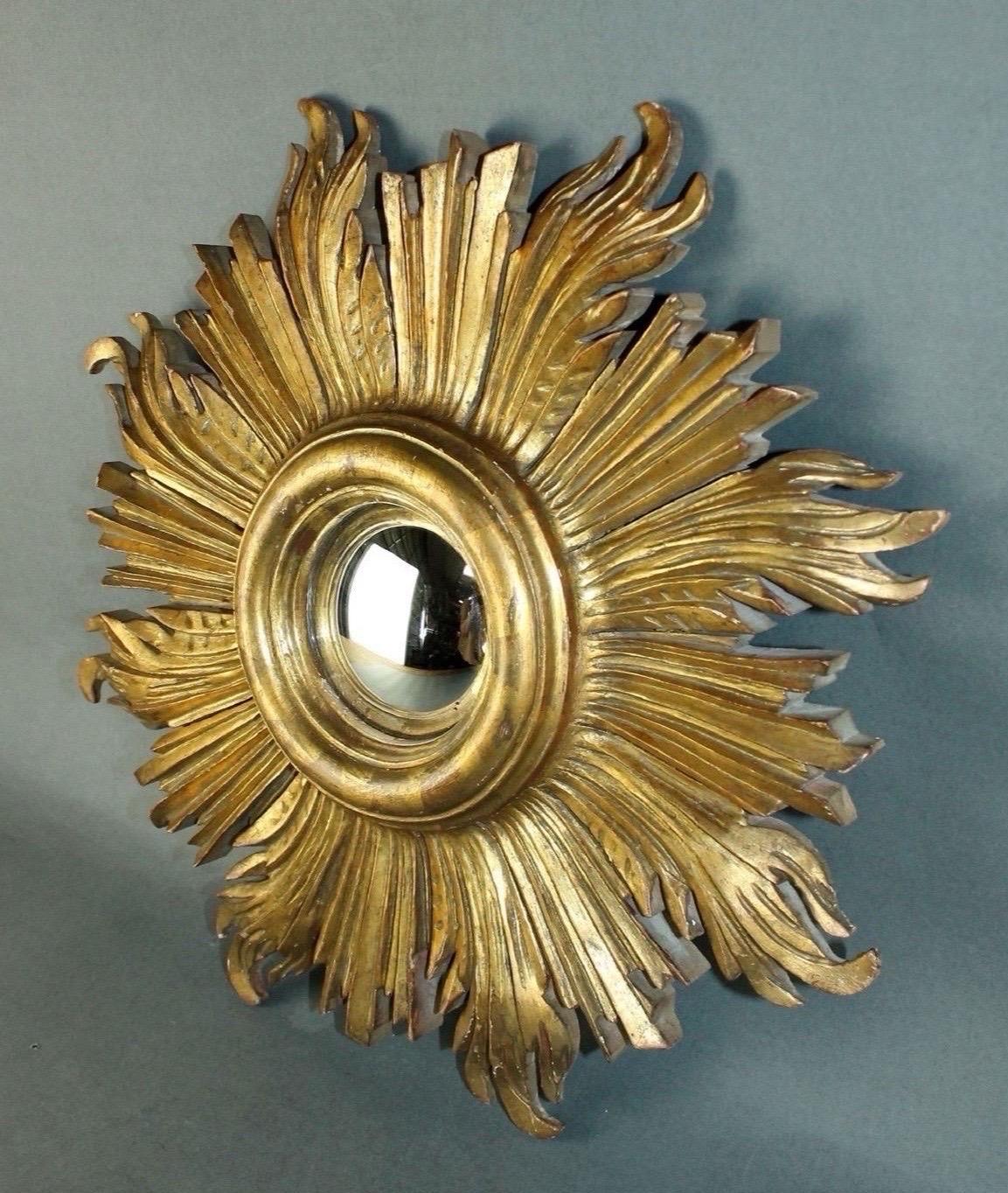 Hollywood Regency Vintage French Giltwood Sunburst Starburst Convex Mirror