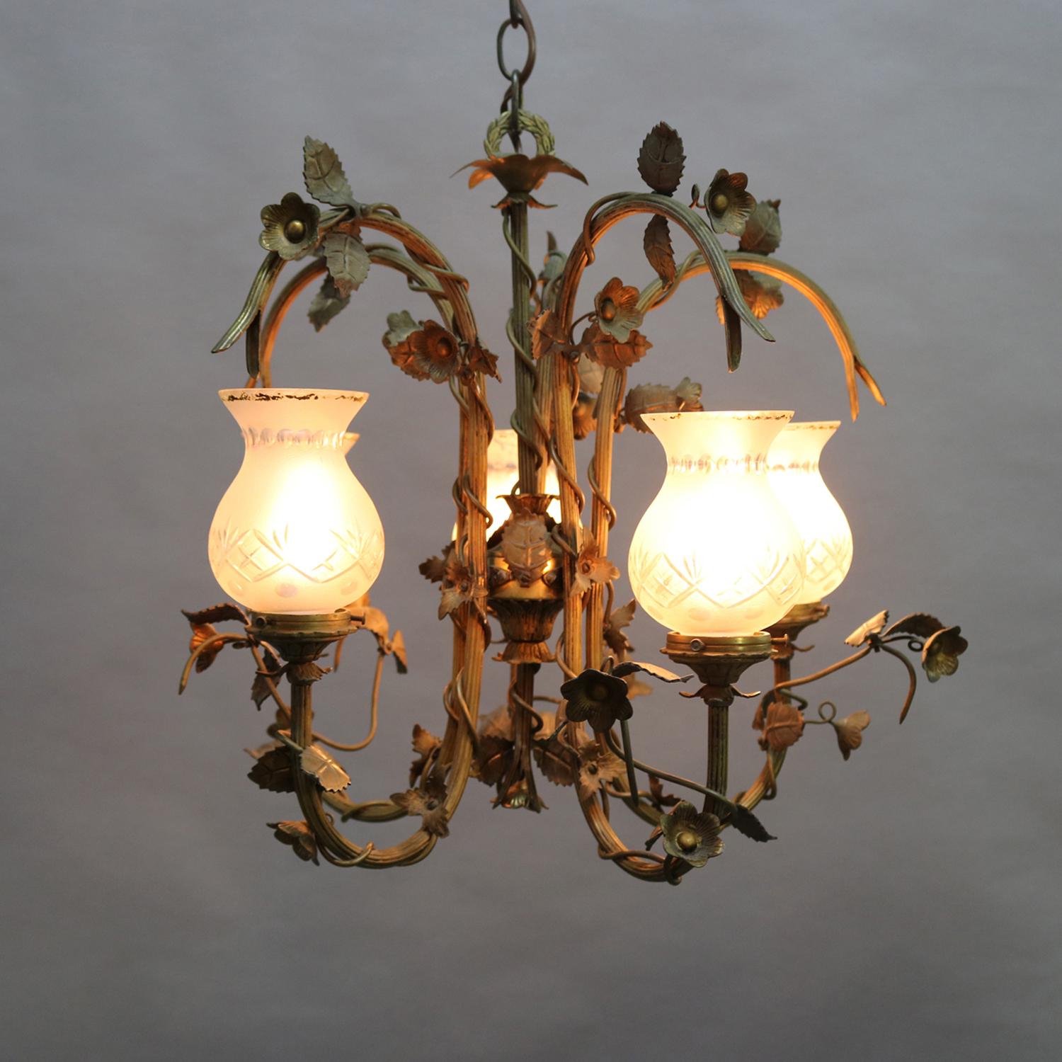 Cast Vintage French Git Metal Foliate Flower and Vine Form 5-Light Chandelier