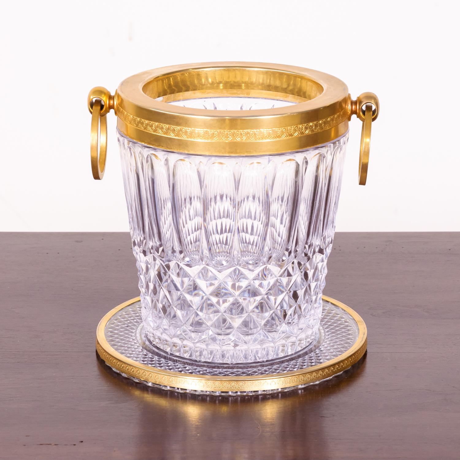 Etched Vintage French Glass and Brass Champagne Bucket with Tray