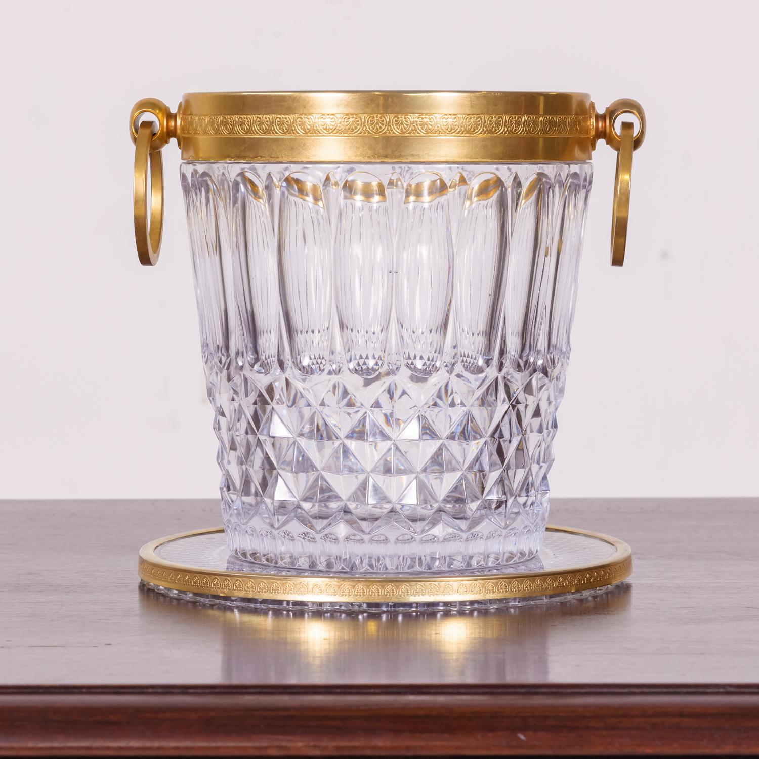 Vintage French Glass and Brass Champagne Bucket with Tray In Good Condition In Birmingham, AL