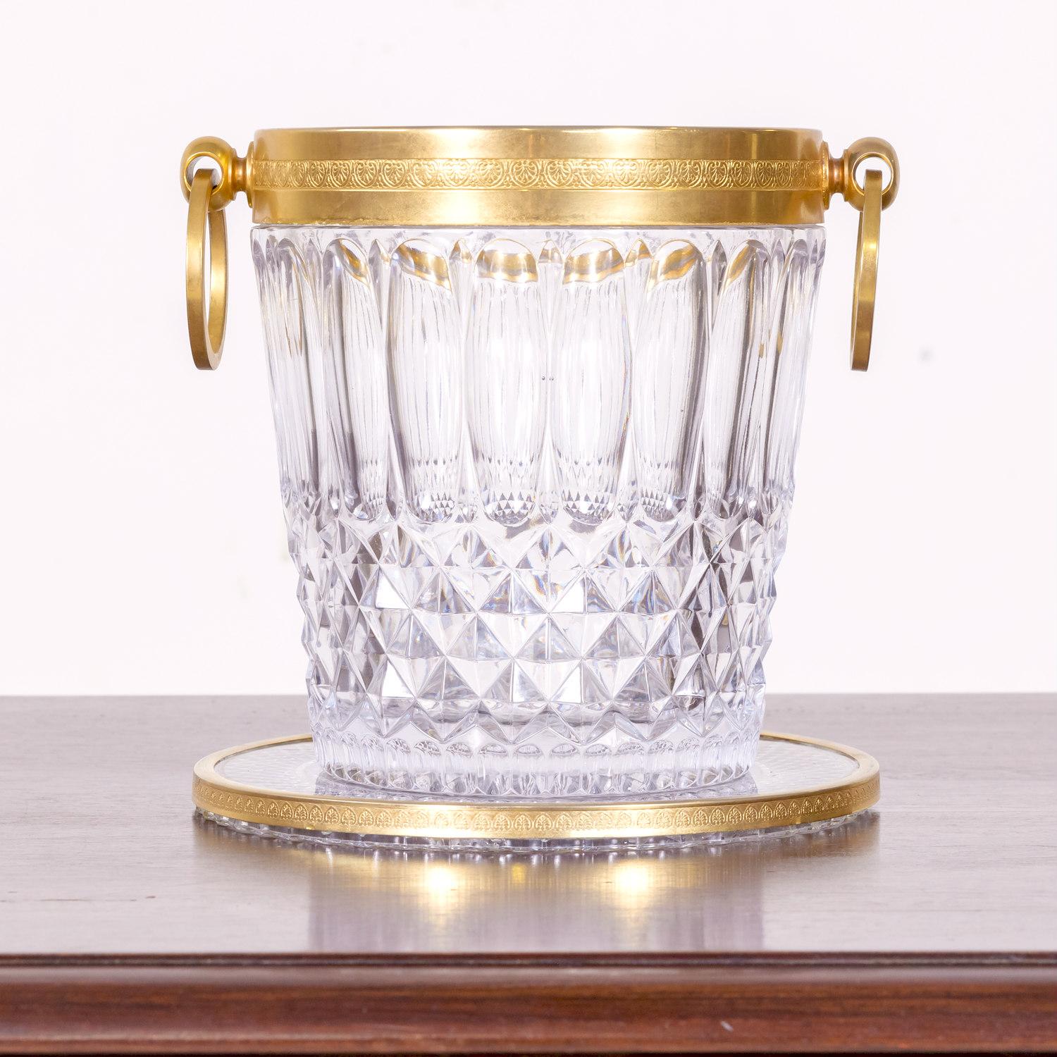 Mid-20th Century Vintage French Glass and Brass Champagne Bucket with Tray