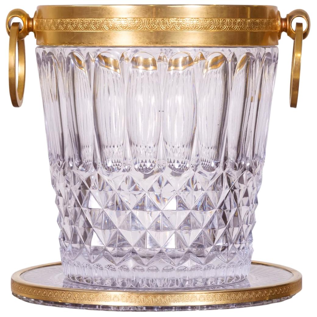 Vintage French Glass and Brass Champagne Bucket with Tray