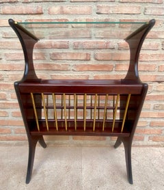 Vintage French Glass and Wood Folio Stand Magazine Rack, 1950s