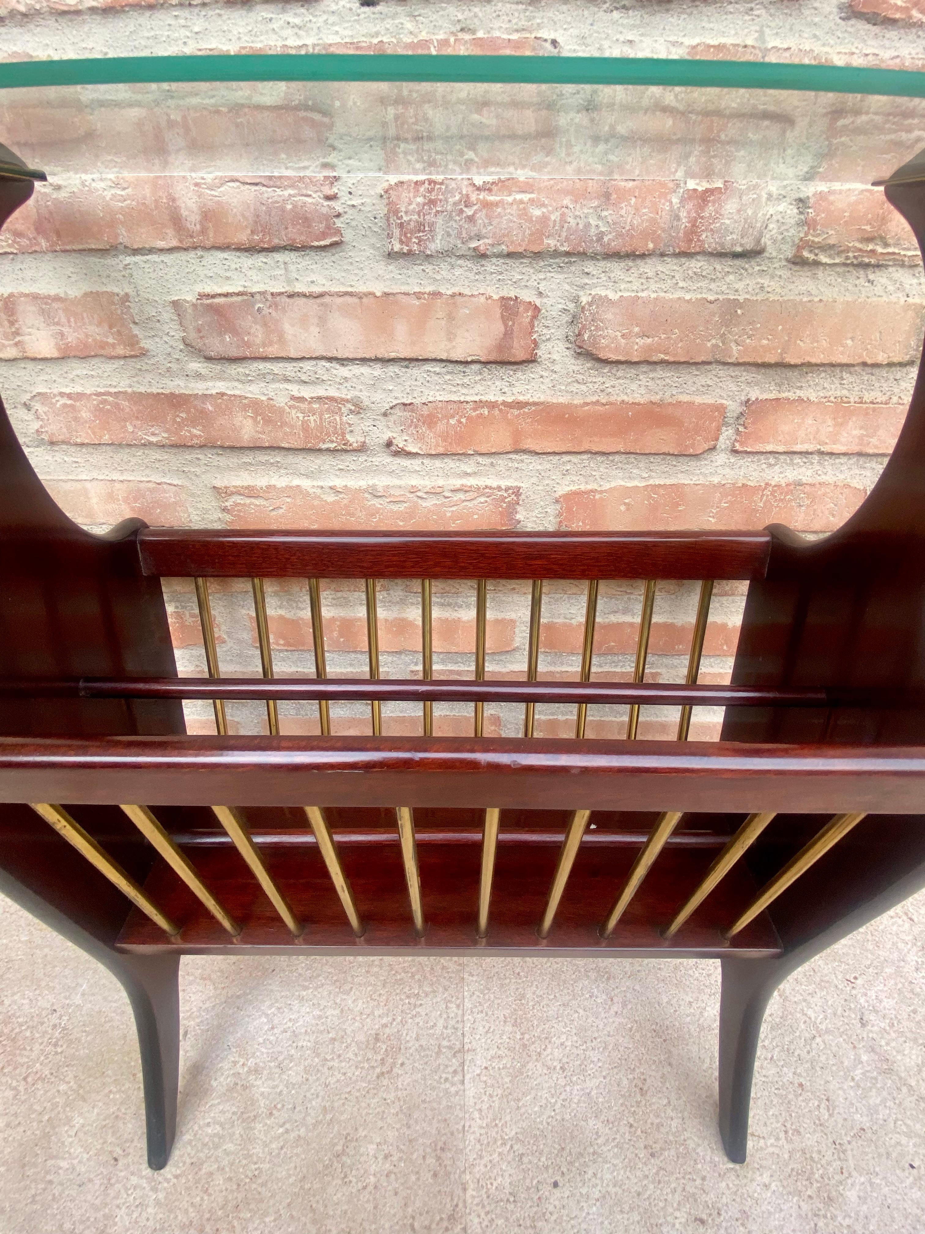 Mid-Century Modern Vintage French Glass and Wood Folio Stand Magazine Rack, 1950s For Sale