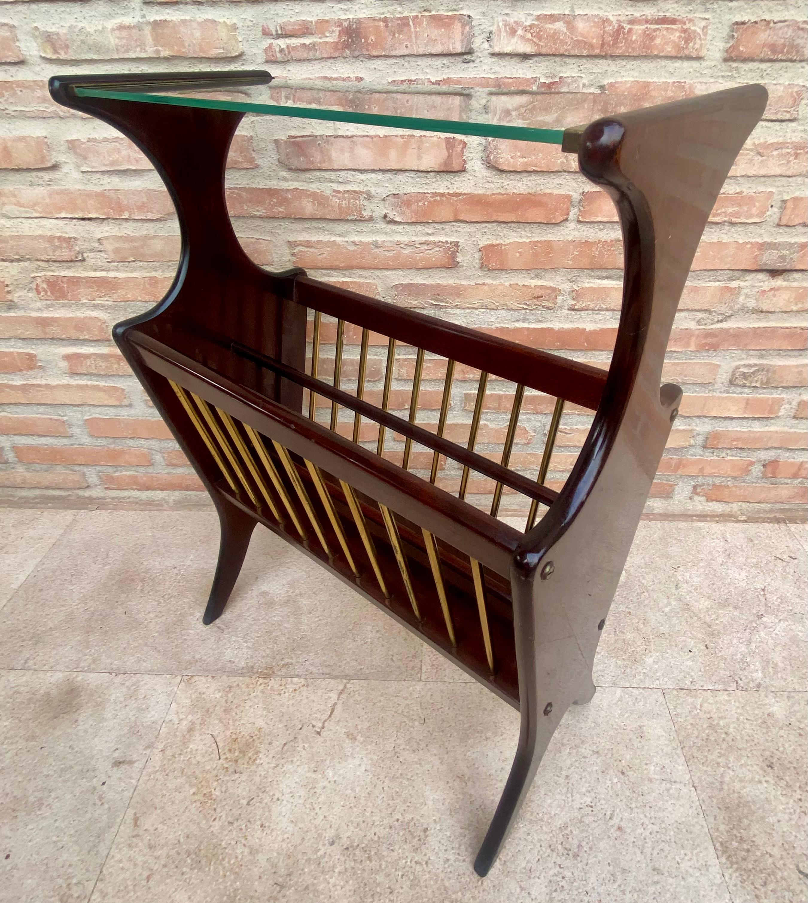 Vintage French Glass and Wood Folio Stand Magazine Rack, 1950s In Good Condition For Sale In Miami, FL