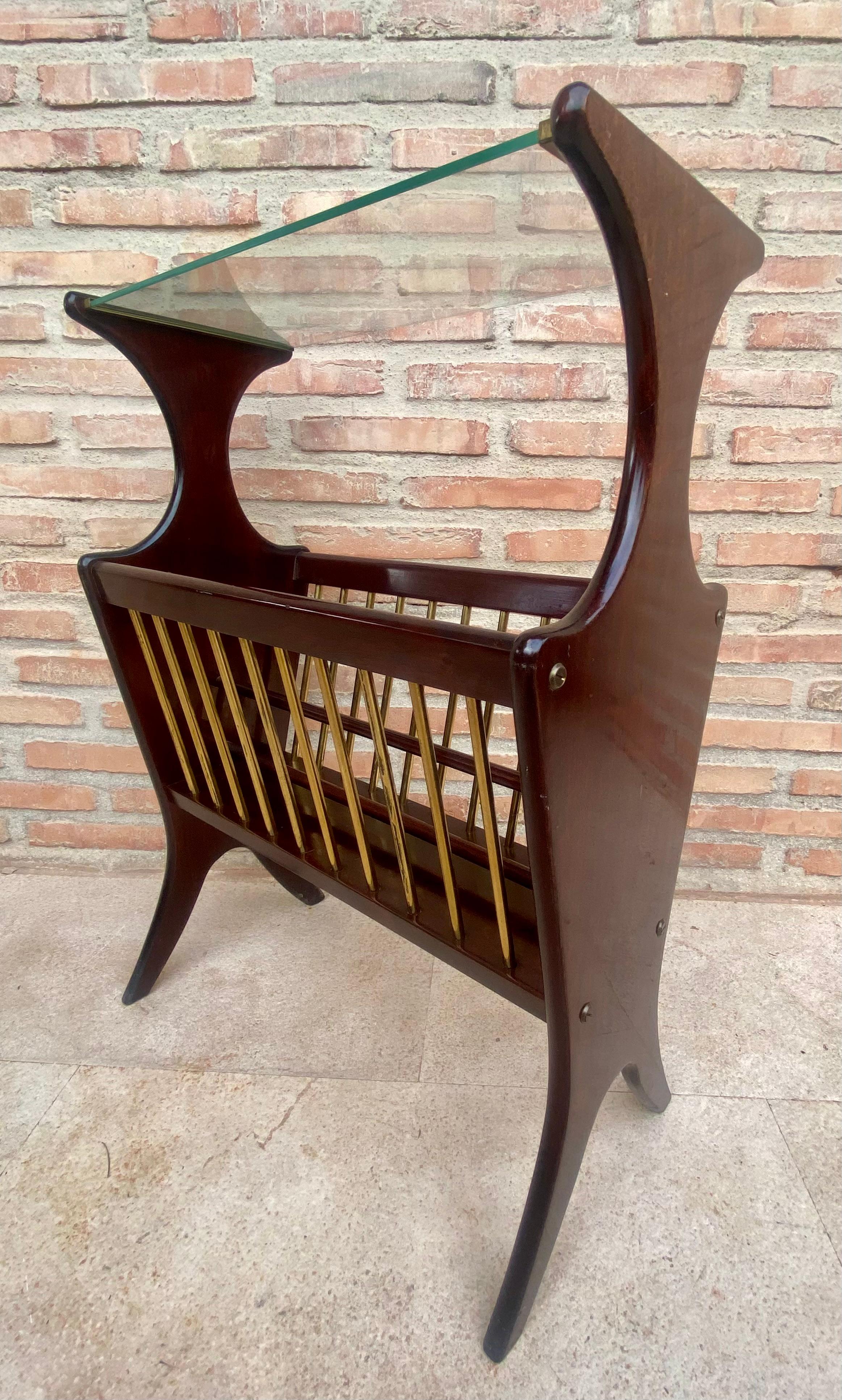 20th Century Vintage French Glass and Wood Folio Stand Magazine Rack, 1950s For Sale