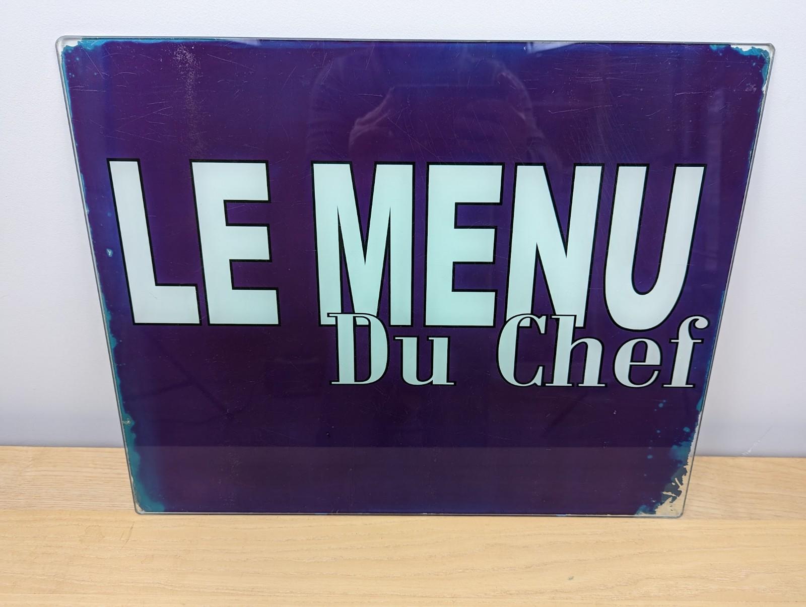 A stunning French restaurant glass sign which is painted on the back.

Recently imported from the Bordeaux region in France by our supplier.

The sign has a wonderful patina and bold font which will tick lot of people boxes.