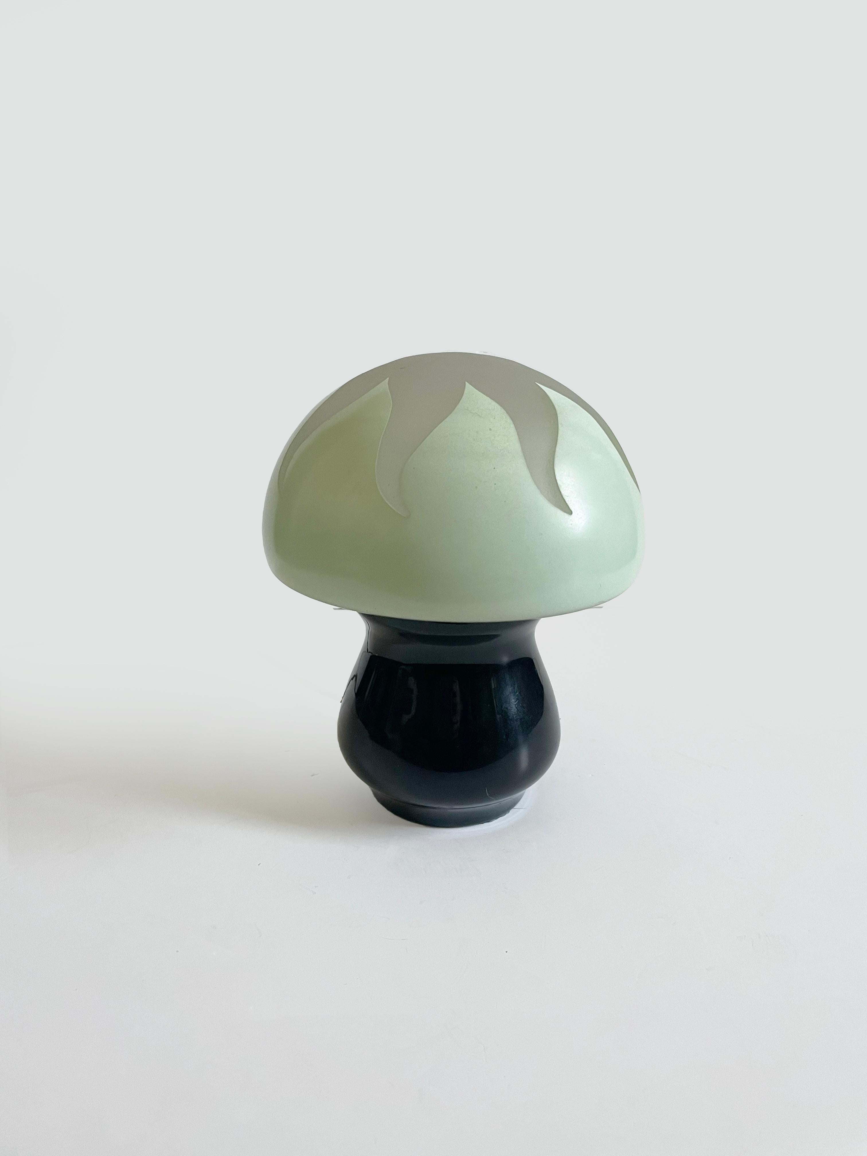 Unique little glass mushroom lamp ca. 1970 France. Features a frosted sun motif on its top and measures 7