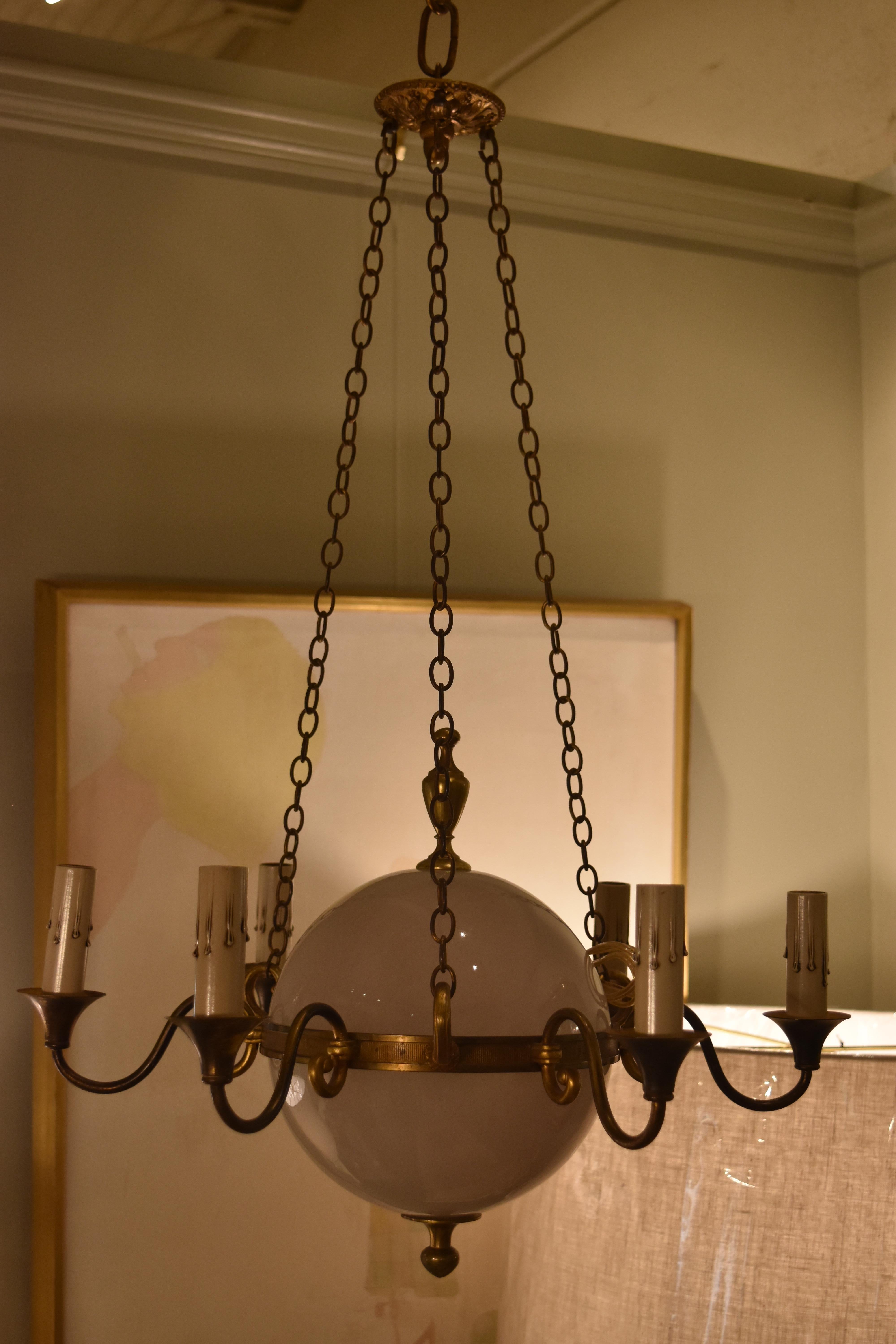Vintage French Globe and Brass Chandelier In Good Condition In Nashville, TN