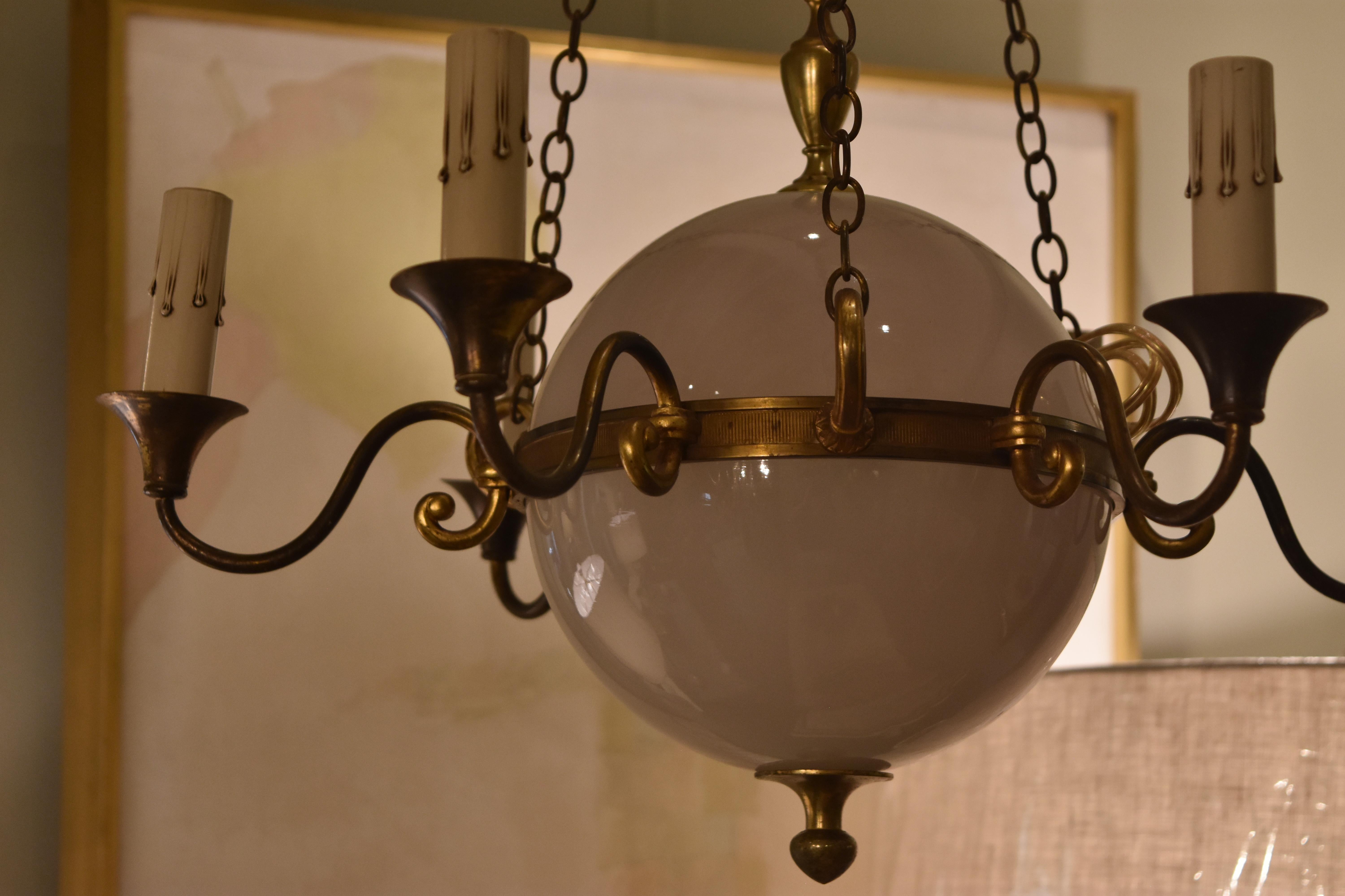 20th Century Vintage French Globe and Brass Chandelier