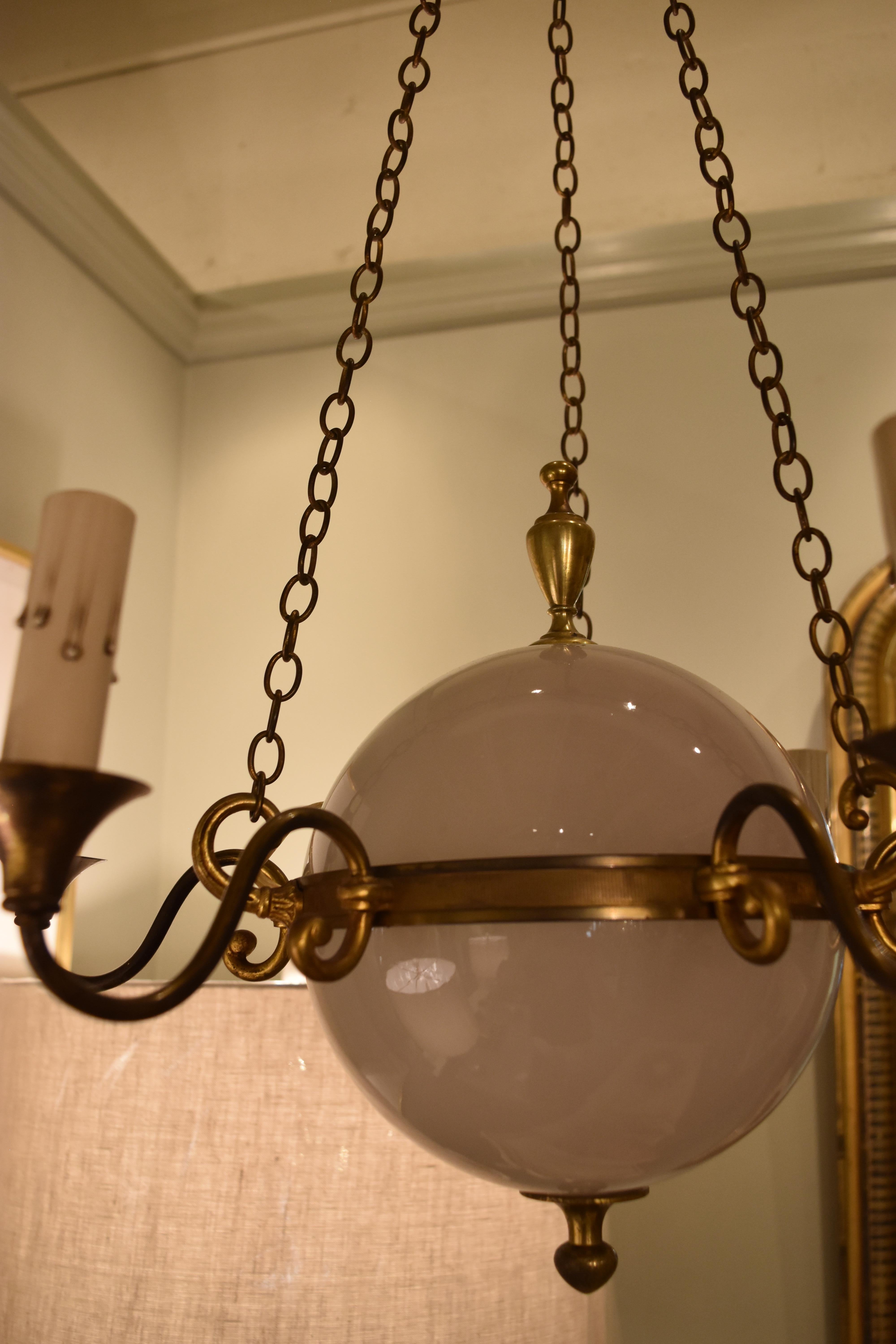 Vintage French Globe and Brass Chandelier 1