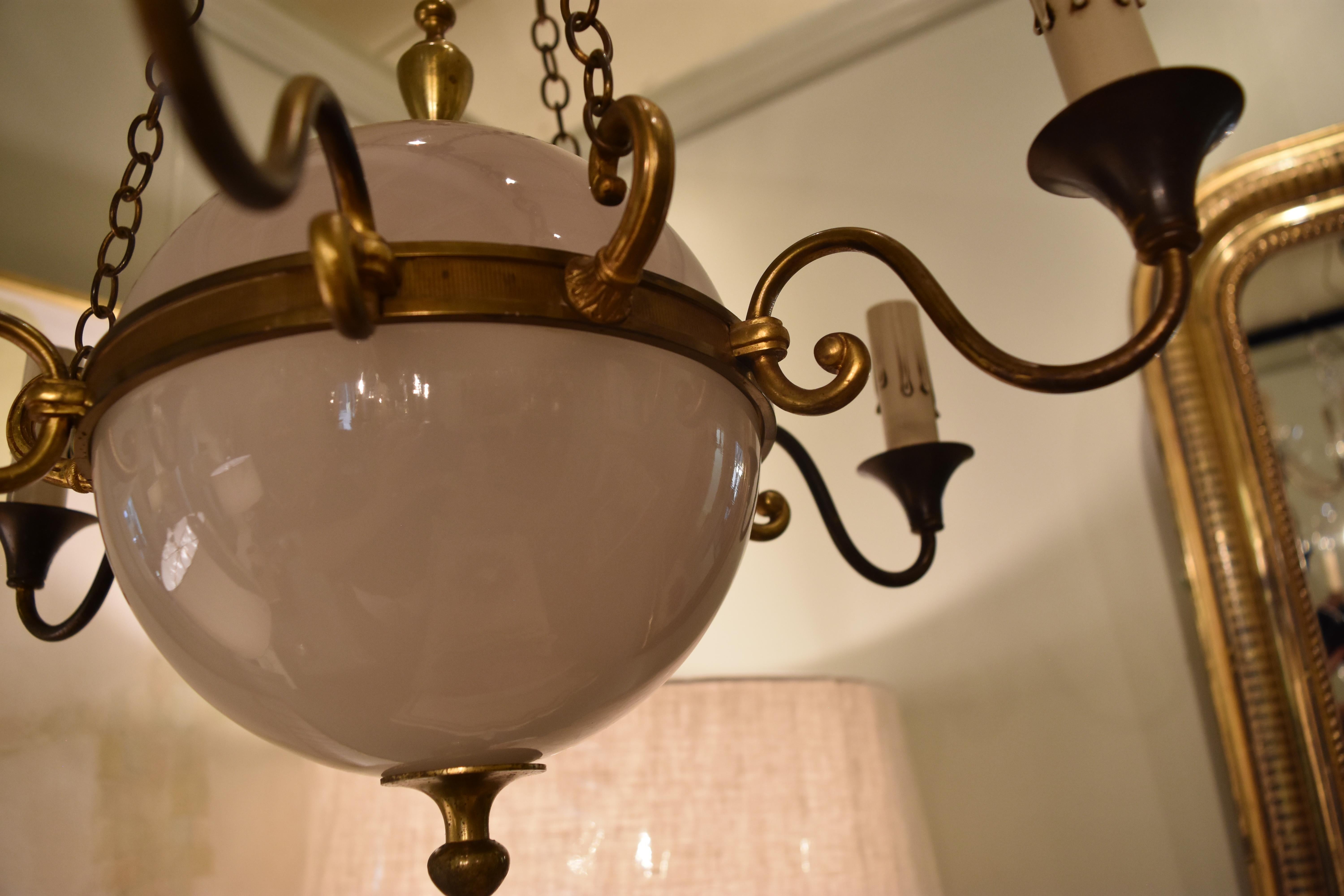 Vintage French Globe and Brass Chandelier 3