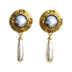 Vintage French Gold Tone Faux Pearl Dangle Earrings Circa 1980s