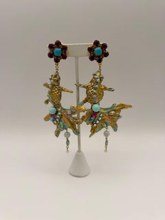 Vintage French Gold and Turquoise Jeweled Resin Dangle Fish Earrings