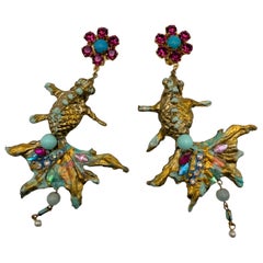 Vintage French Gold and Turquoise Jeweled Resin Dangle Fish Earrings