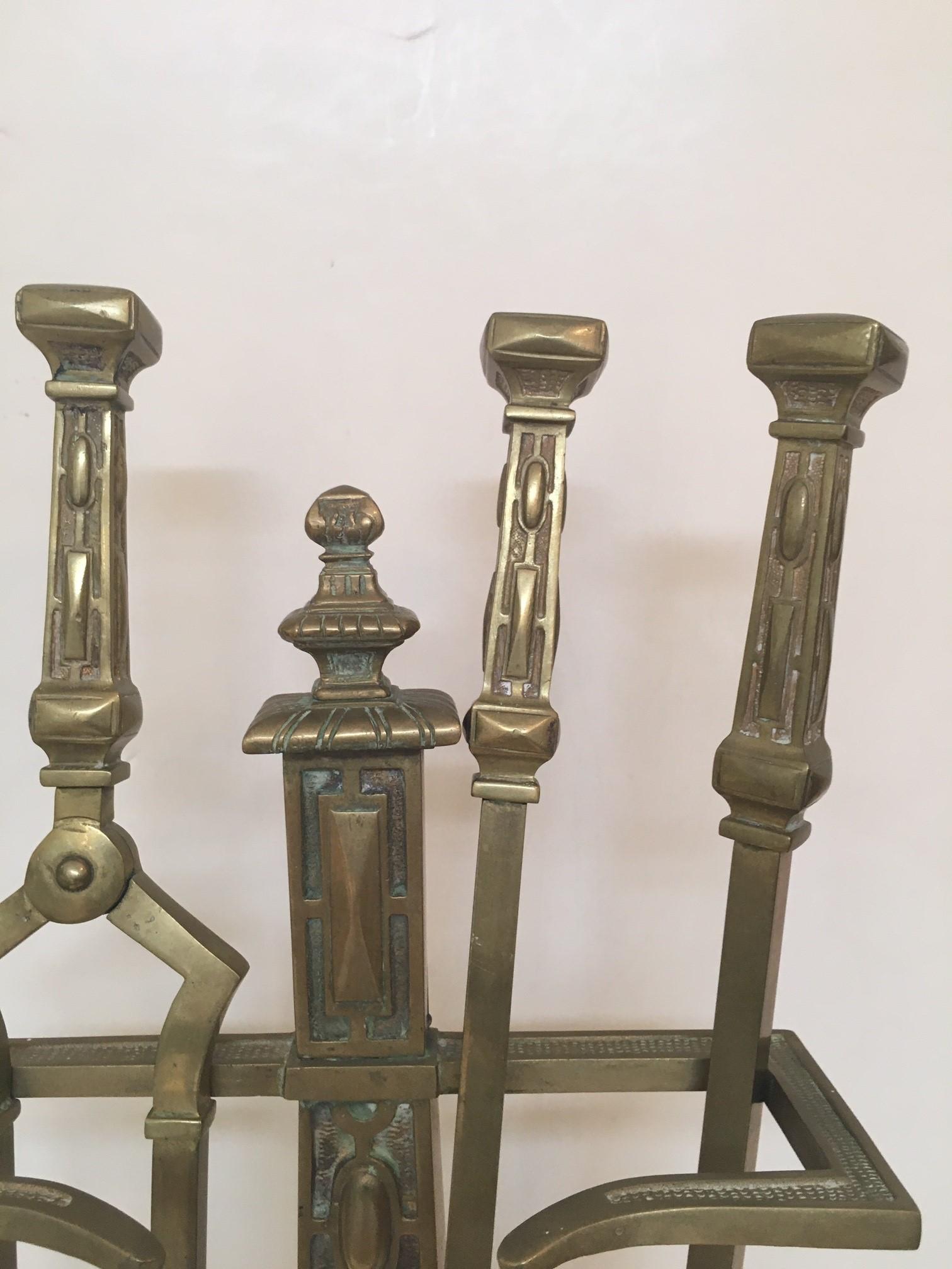 Vintage French Gold Brass Fireplace Tools Set, Tong, Poker, Shovel and Caddy For Sale 5