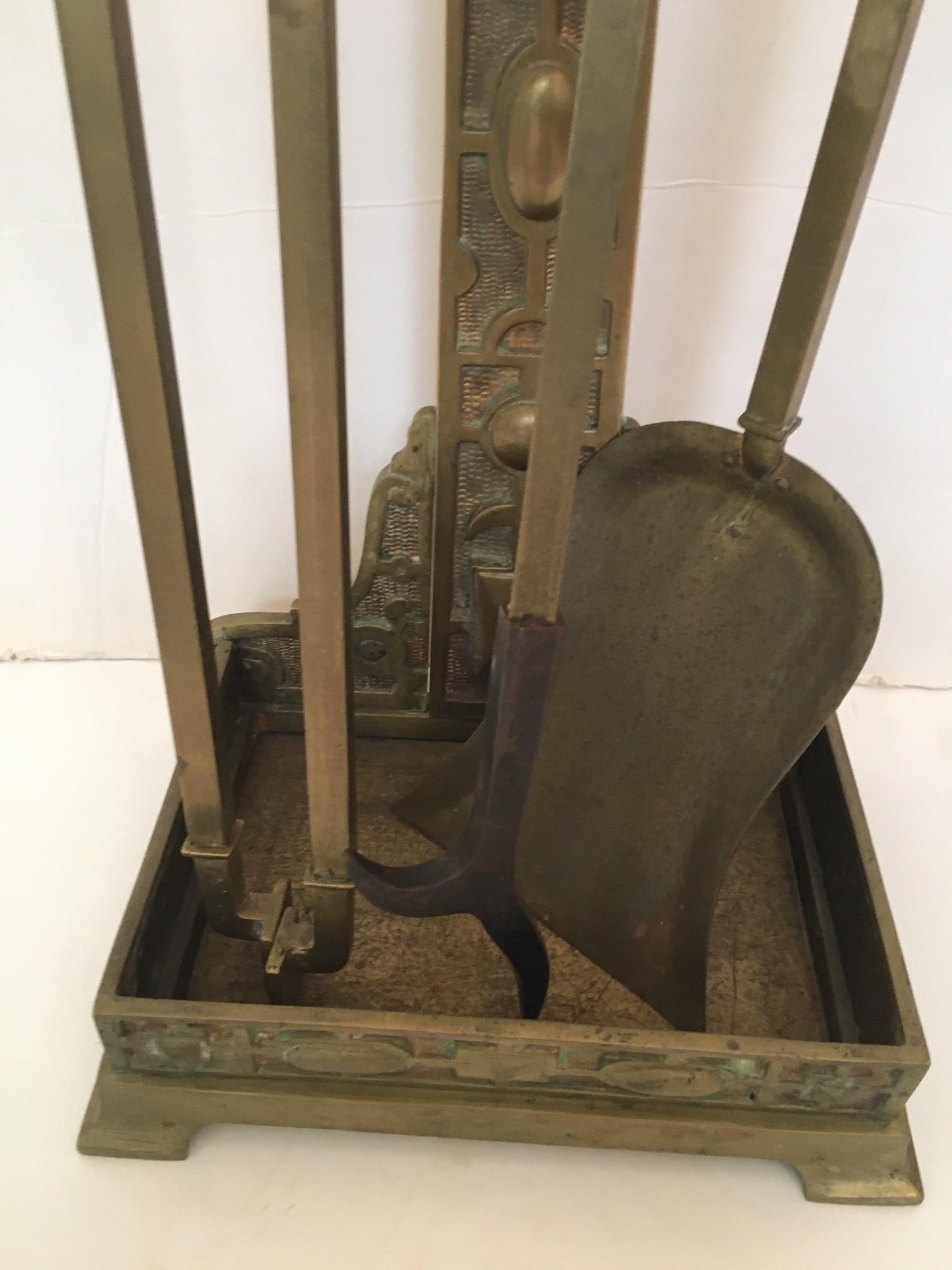 Vintage French Gold Brass Fireplace Tools Set, Tong, Poker, Shovel and Caddy For Sale 6