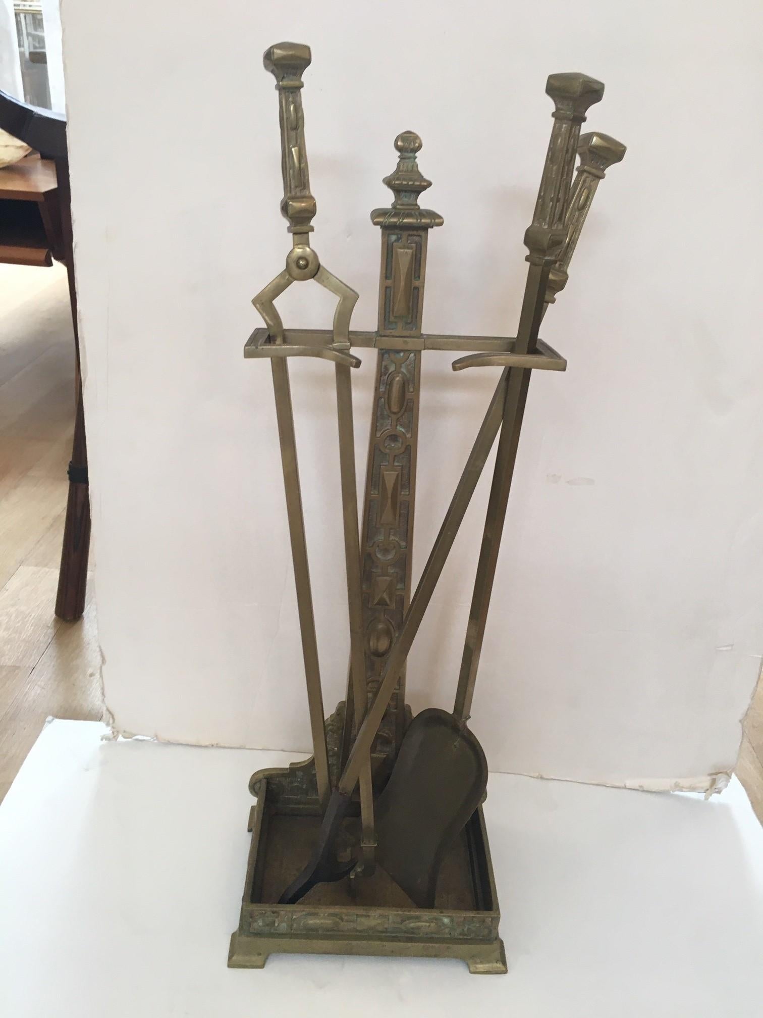 Vintage French Gold Brass Fireplace Tools Set, Tong, Poker, Shovel and Caddy For Sale 7
