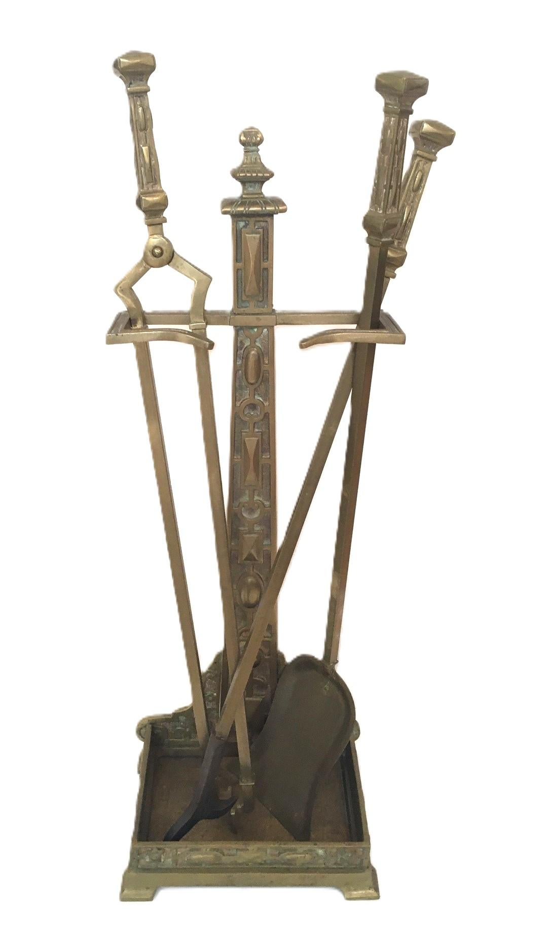 Metal Vintage French Gold Brass Fireplace Tools Set, Tong, Poker, Shovel and Caddy For Sale