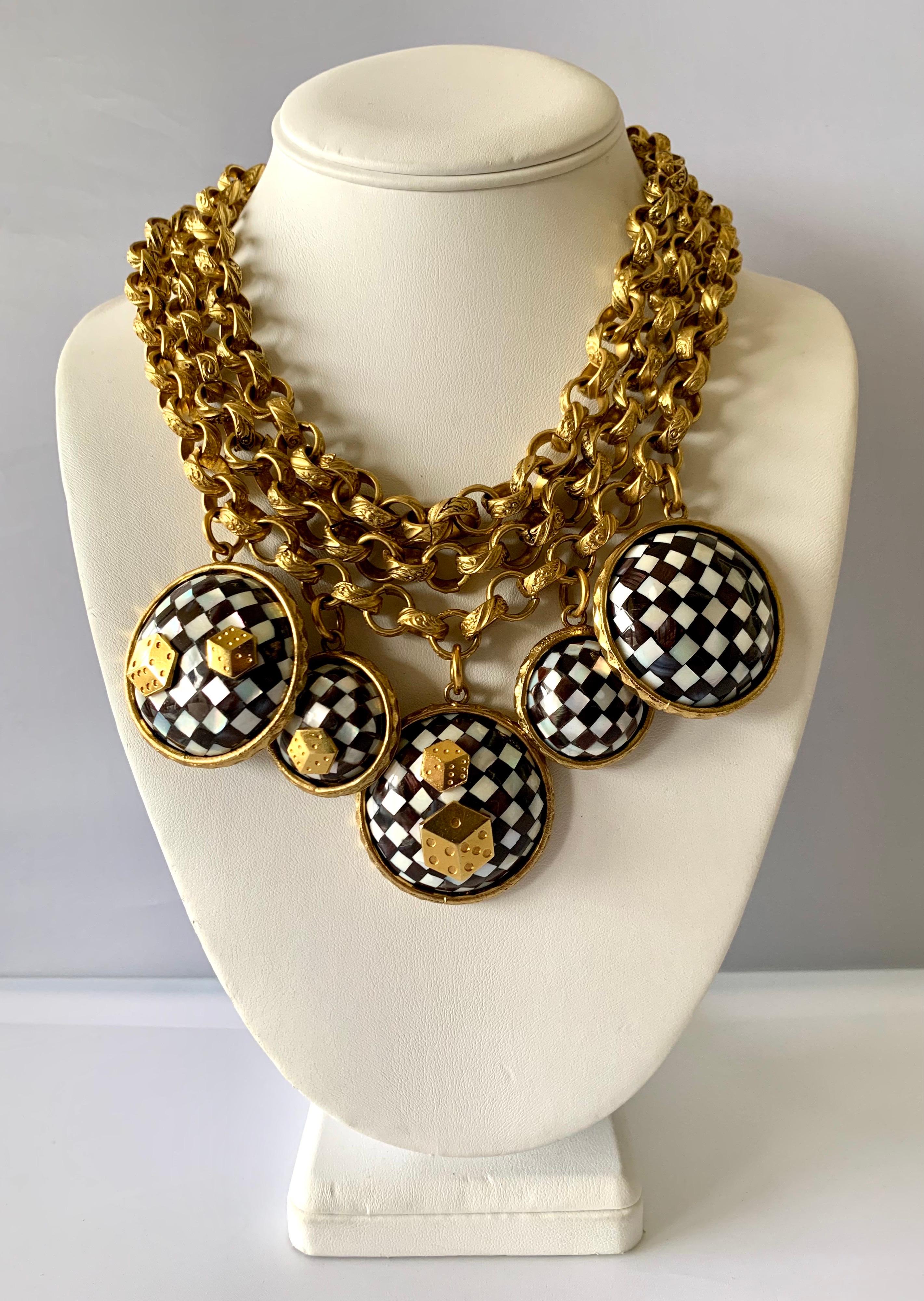 Artisan Vintage French Gold  Checkered Game Charm Necklace 