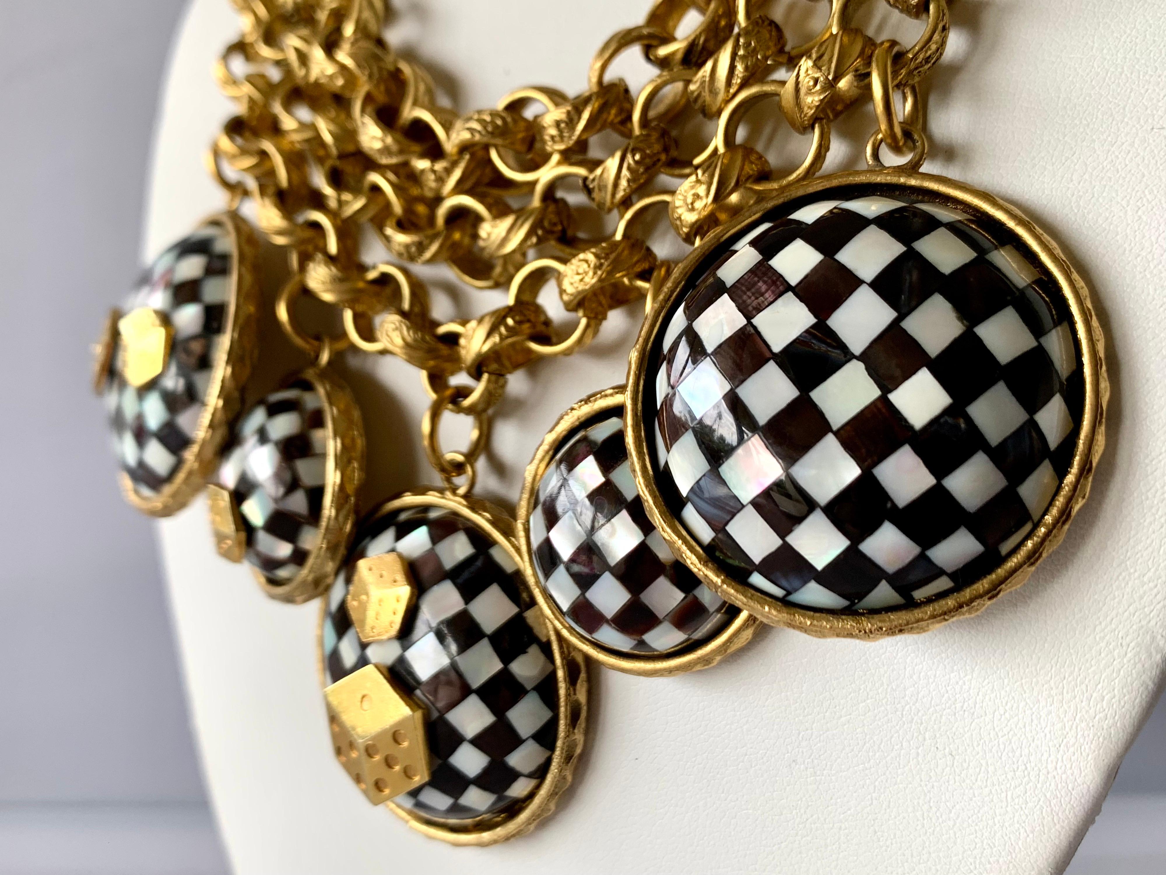 Women's Vintage French Gold  Checkered Game Charm Necklace 