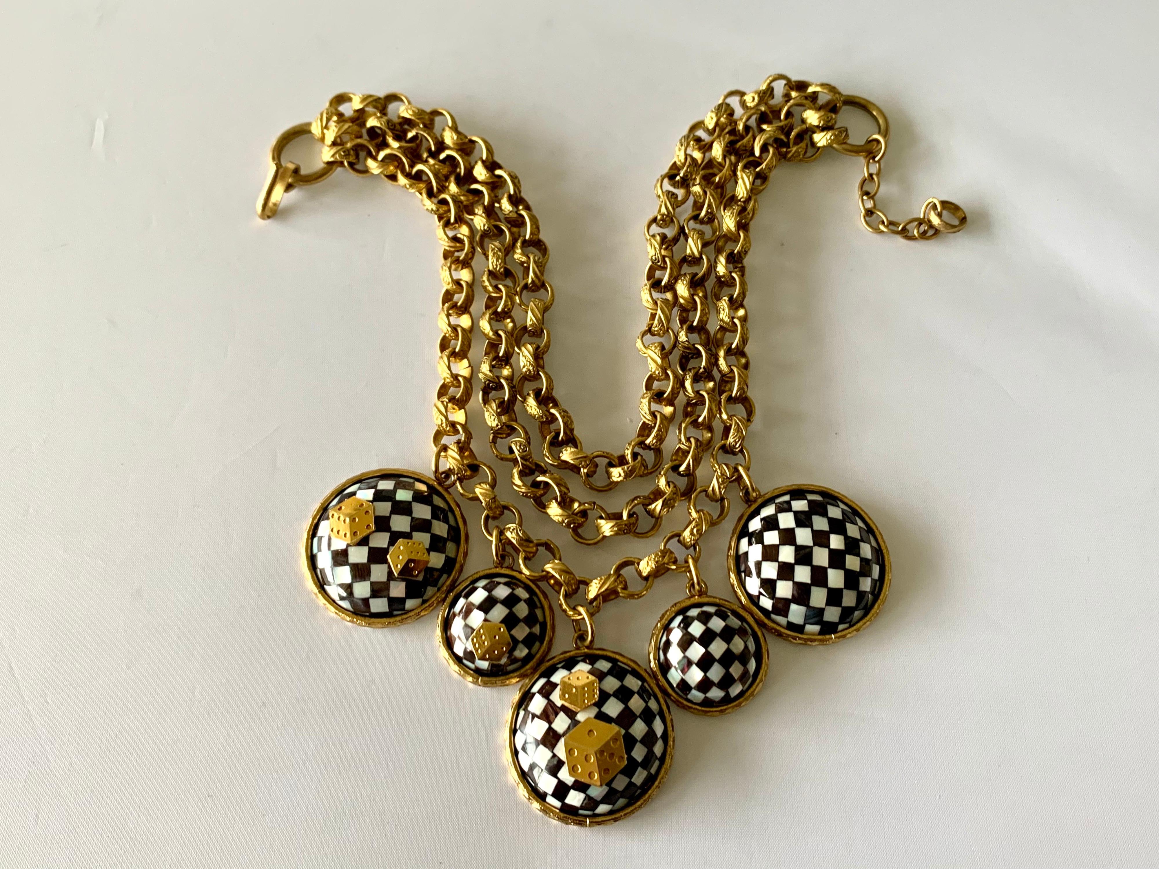 Vintage French Gold  Checkered Game Charm Necklace  1