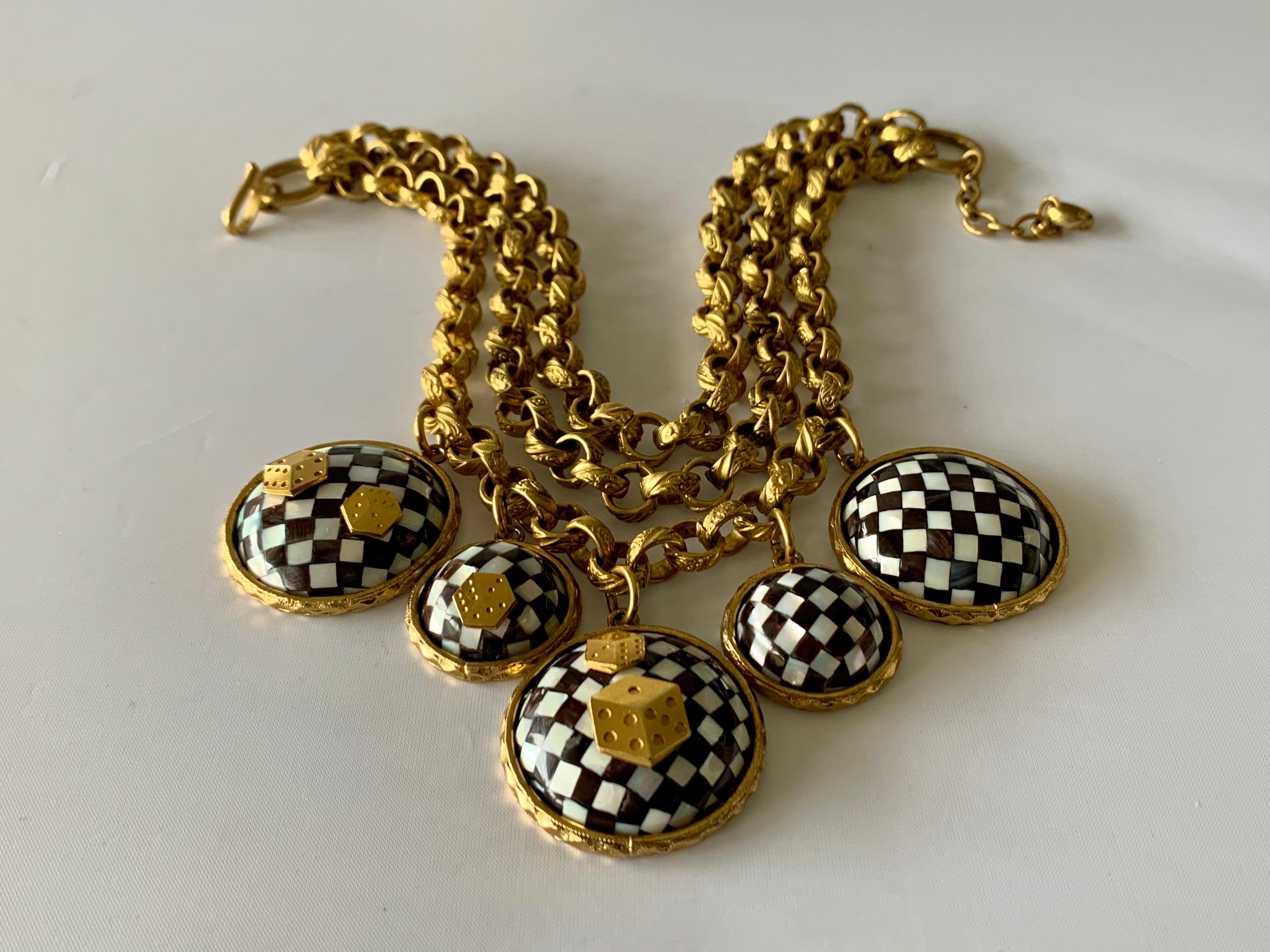 Vintage French Gold  Checkered Game Charm Necklace  2