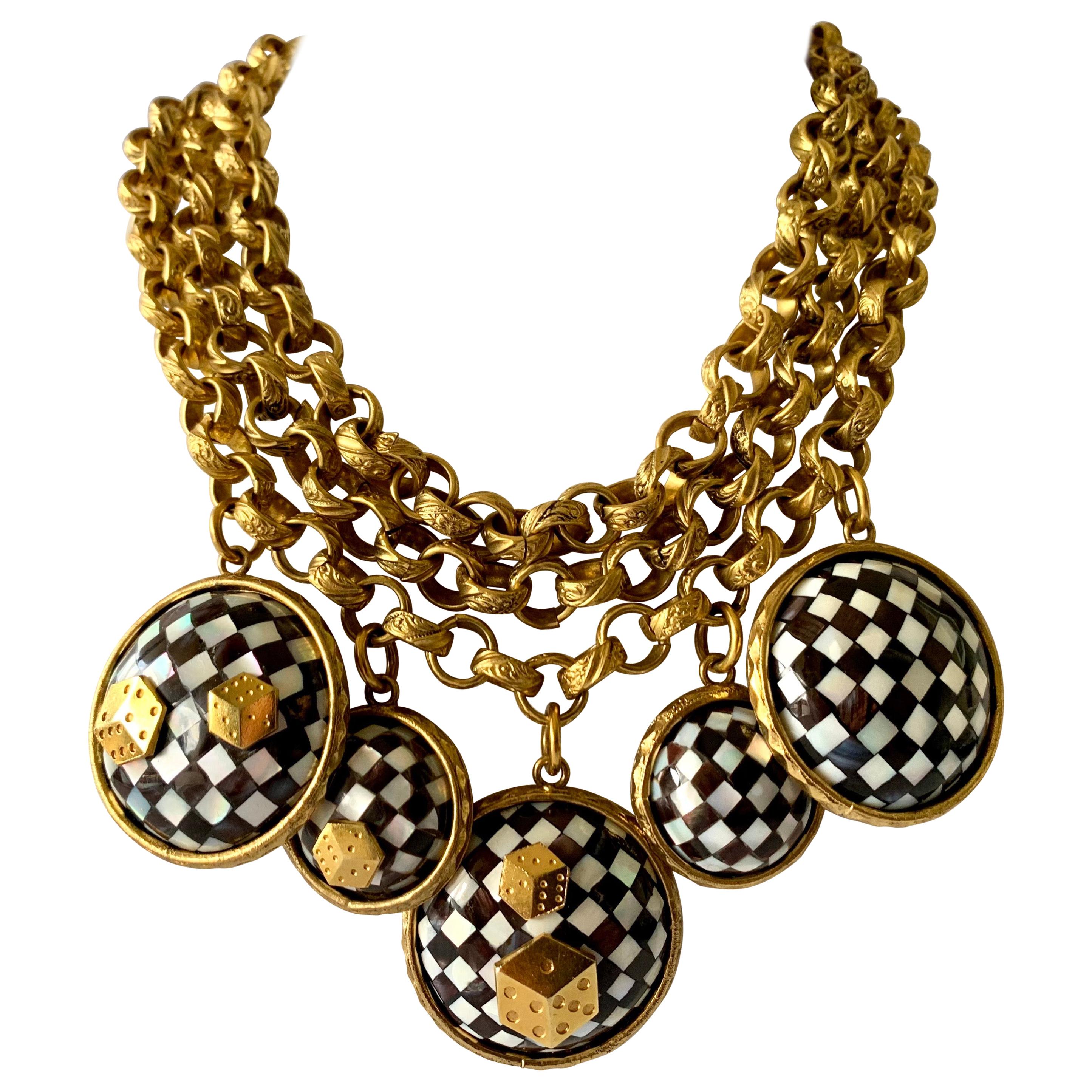 Vintage French Gold  Checkered Game Charm Necklace 