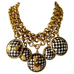 Vintage French Gold  Checkered Game Charm Necklace 