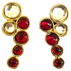 Vintage French Gold Clear - Red Glass Statement Earrings