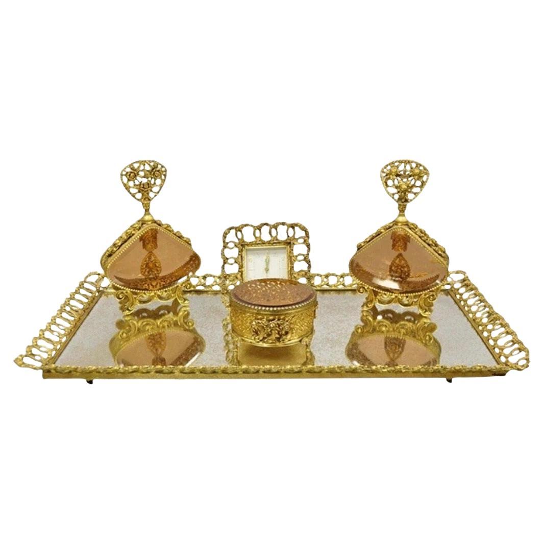 Vintage French Gold Filigree Vanity Set Perfume Clock Jewelry Box
Tray - 5 Pcs