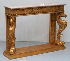 Vintage French Gold Giltwood Marble Topped Console Table Hand Carved Griffins
