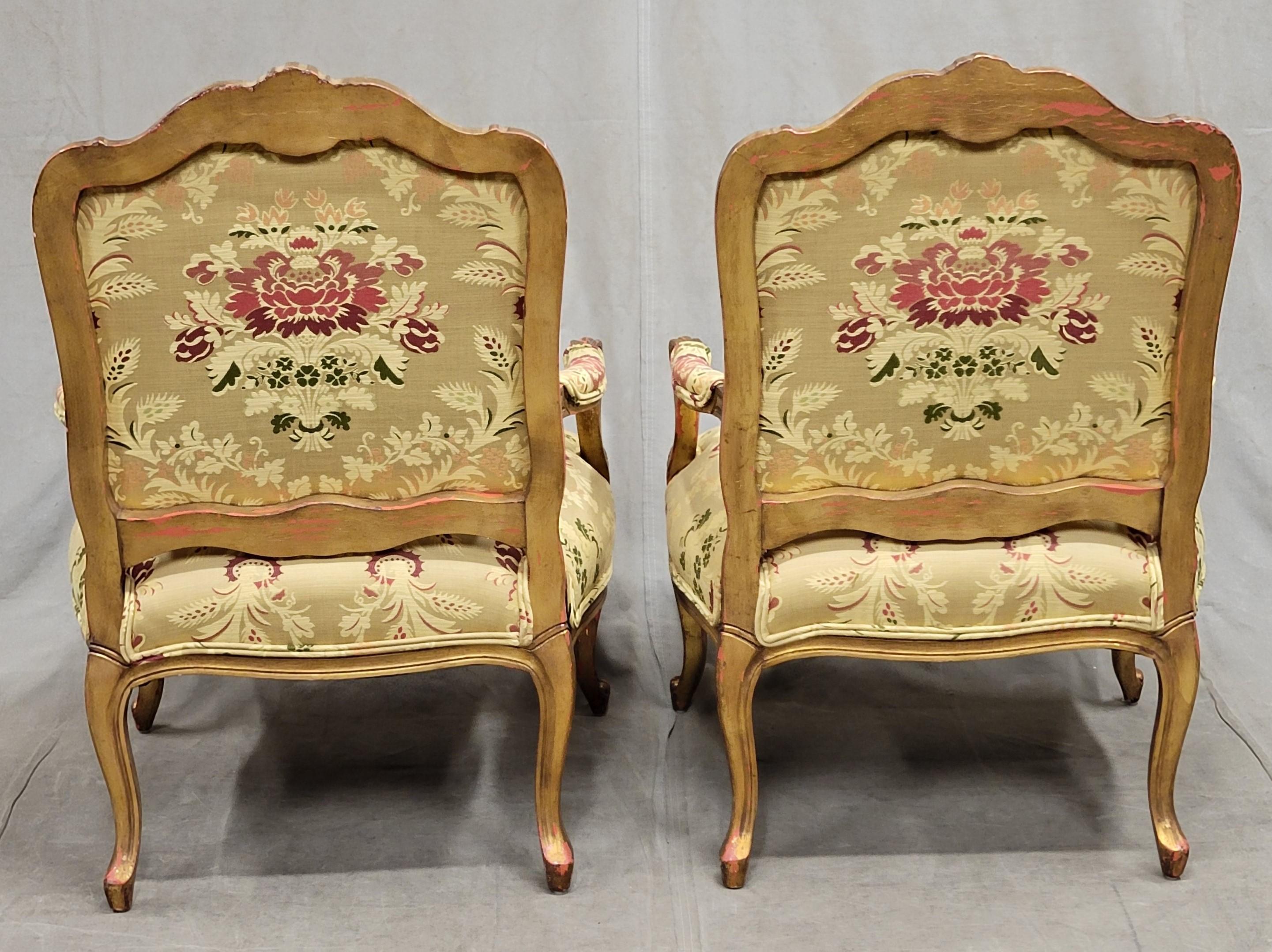 Vintage French Gold Leaf Bergere Chairs With Designer Damask Upholstery - a Pair 6