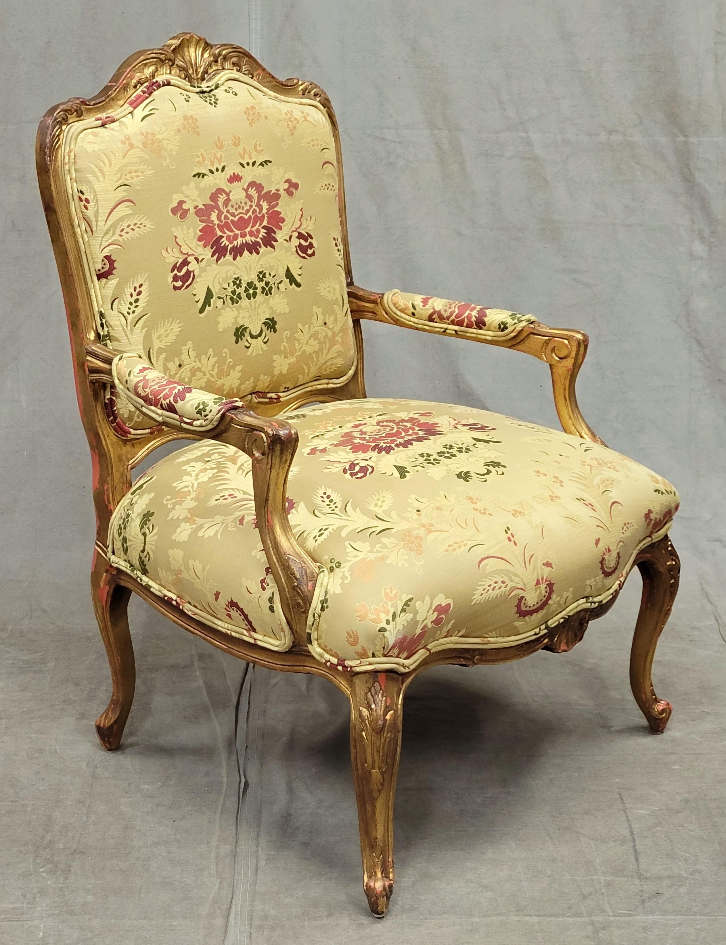 Louis XV Vintage French Gold Leaf Bergere Chairs With Designer Damask Upholstery - a Pair