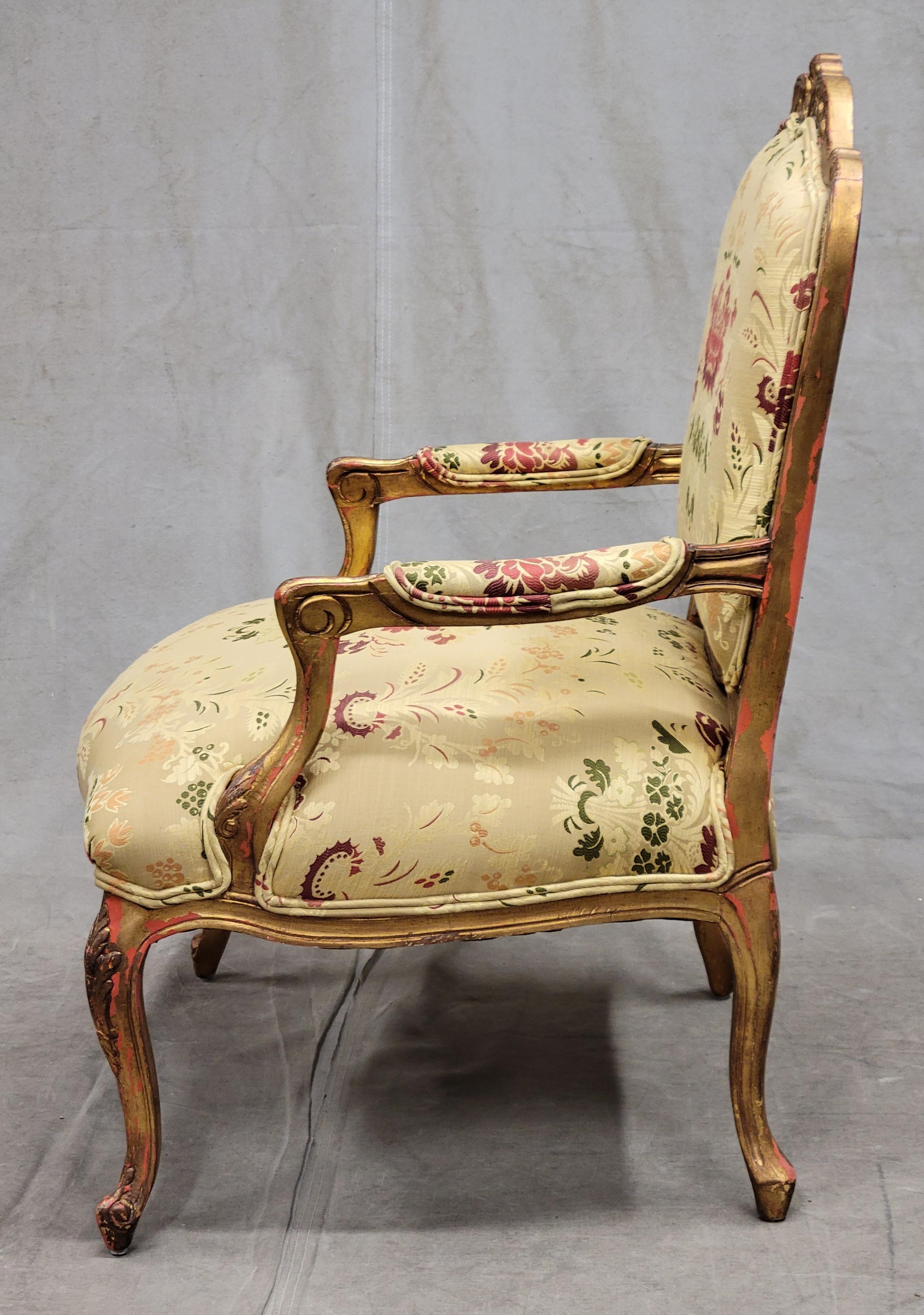 Unknown Vintage French Gold Leaf Bergere Chairs With Designer Damask Upholstery - a Pair