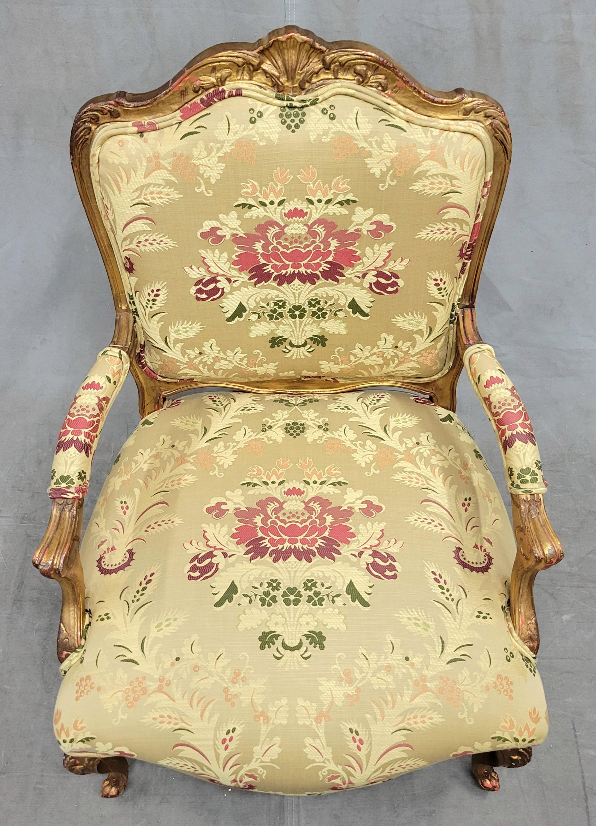 Vintage French Gold Leaf Bergere Chairs With Designer Damask Upholstery - a Pair In Good Condition In Centennial, CO