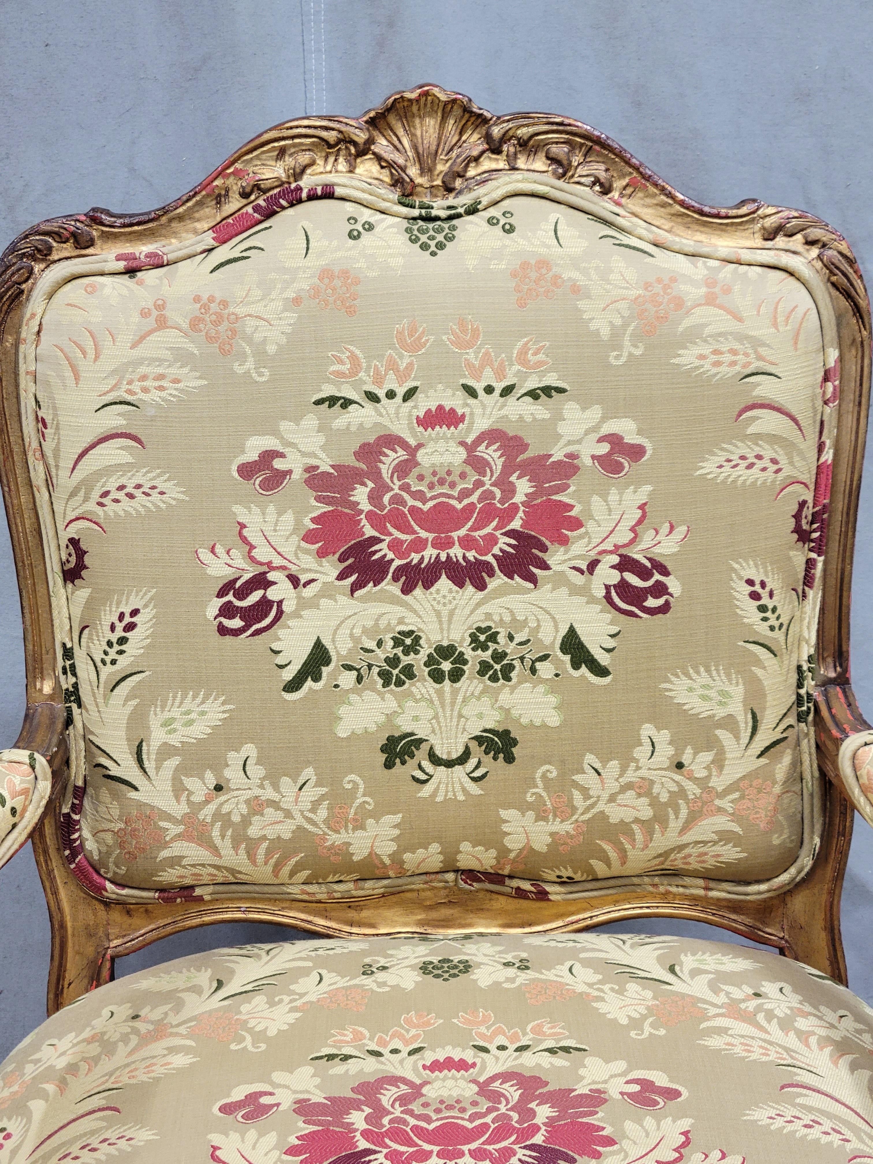 20th Century Vintage French Gold Leaf Bergere Chairs With Designer Damask Upholstery - a Pair