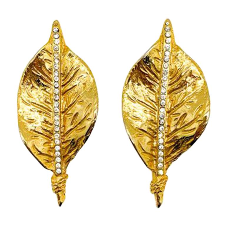 Vintage French Gold Leaf Crystal Earrings 1970s For Sale