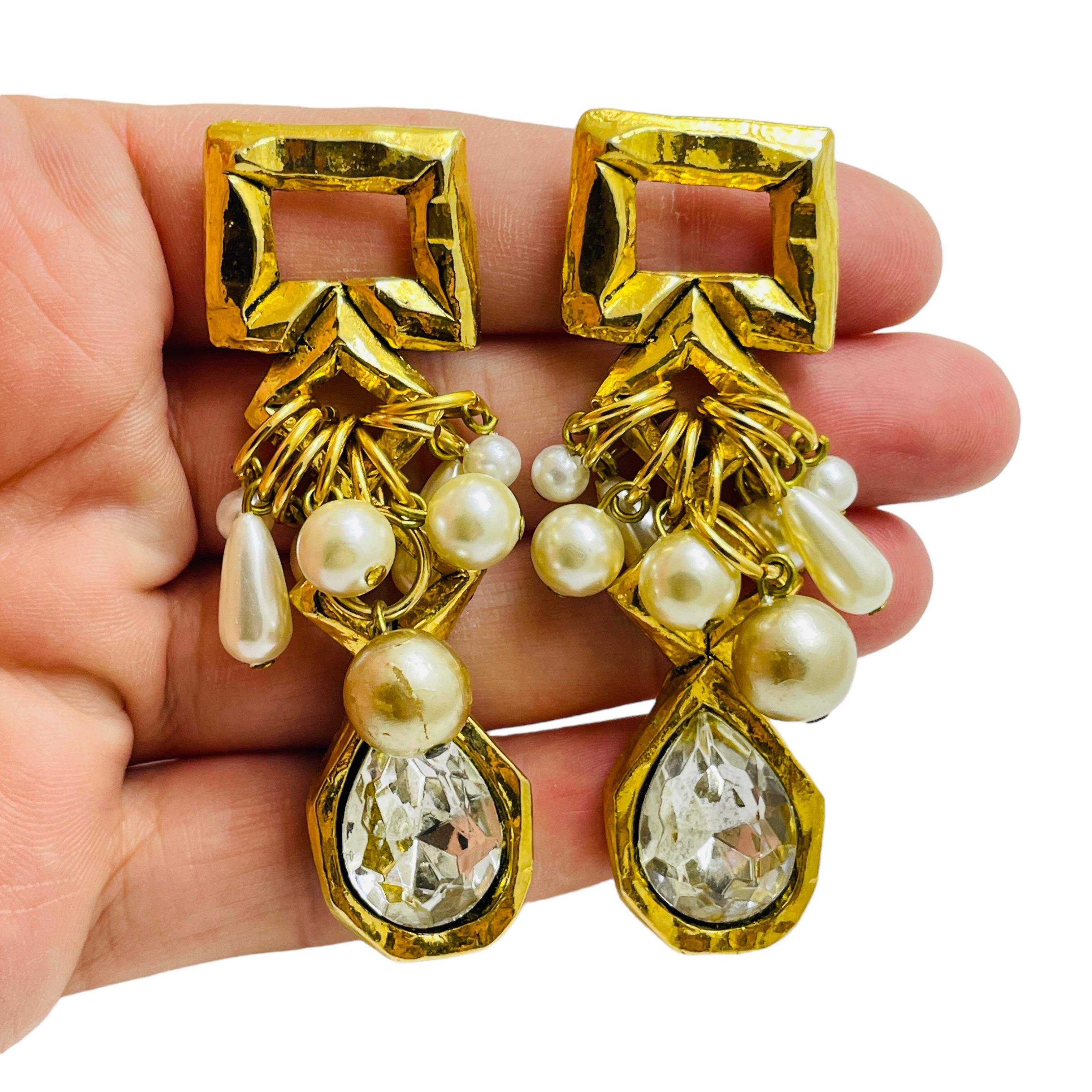 Women's Vintage French gold plated pearl dangle designer runway clip on earrings For Sale