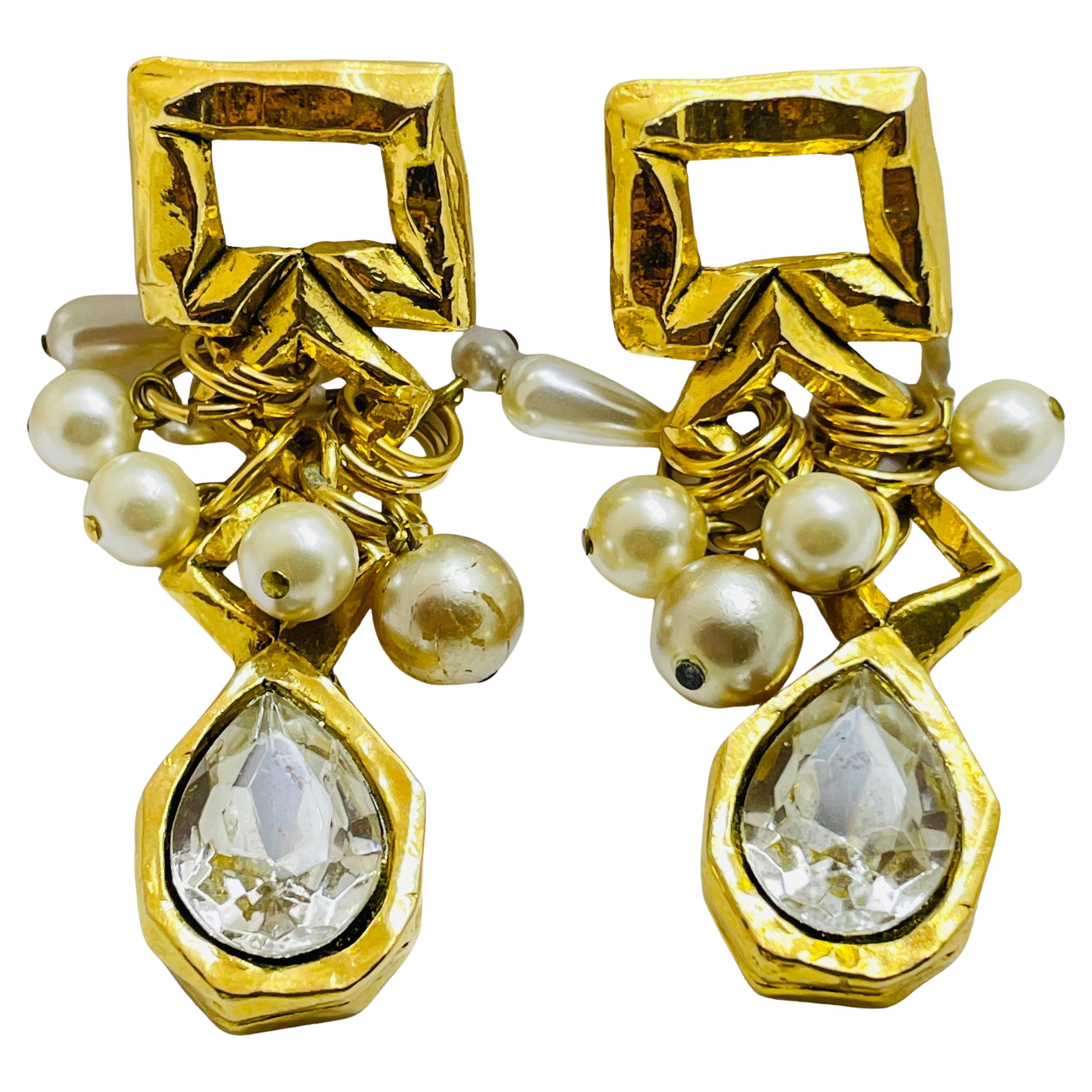 Vintage French gold plated pearl dangle designer runway clip on earrings For Sale