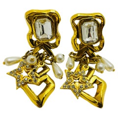 Vintage French gold plated pearl dangle heart designer runway clip on earrings
