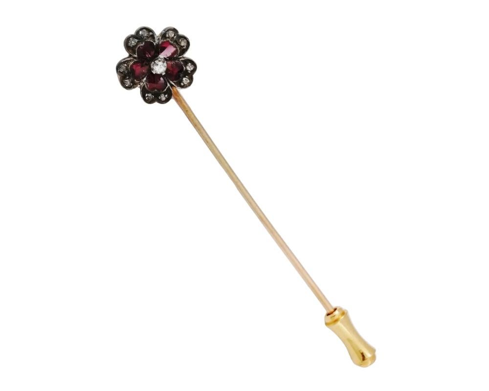 Vintage French Gold Ruby Diamond Flower Stick Pin For Sale at 1stDibs