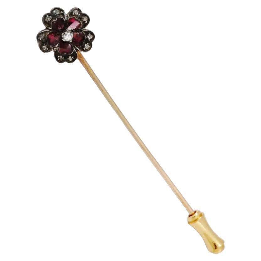 Vintage French Gold Ruby Diamond Flower Stick Pin For Sale at 1stDibs
