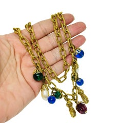 Vintage French gold tone chain jewel glass beads charms designer necklace